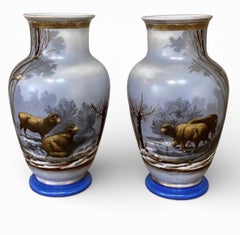 Pair of Antique Hand Painted Opaline Vases