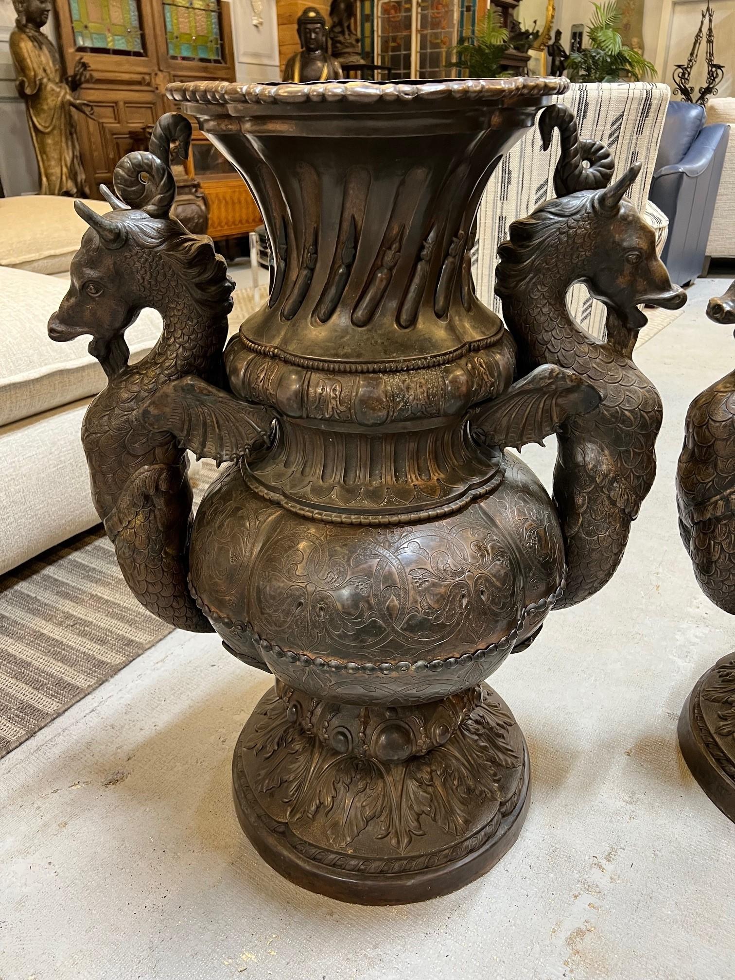 Hand-Crafted Pair of Antique Handcrafted Copper Urns with Mythological Seahorse Handles   For Sale