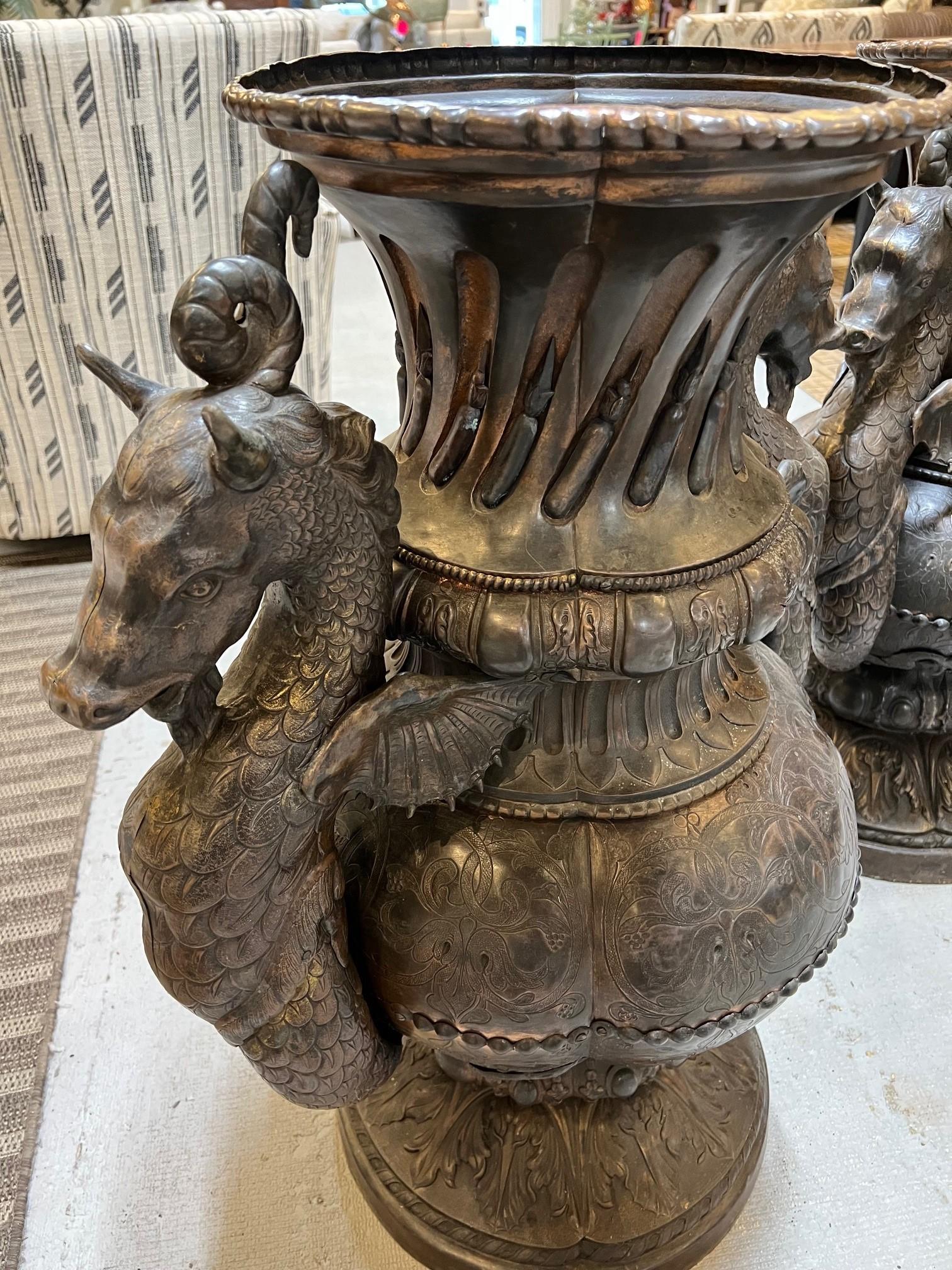 19th Century Pair of Antique Handcrafted Copper Urns with Mythological Seahorse Handles   For Sale