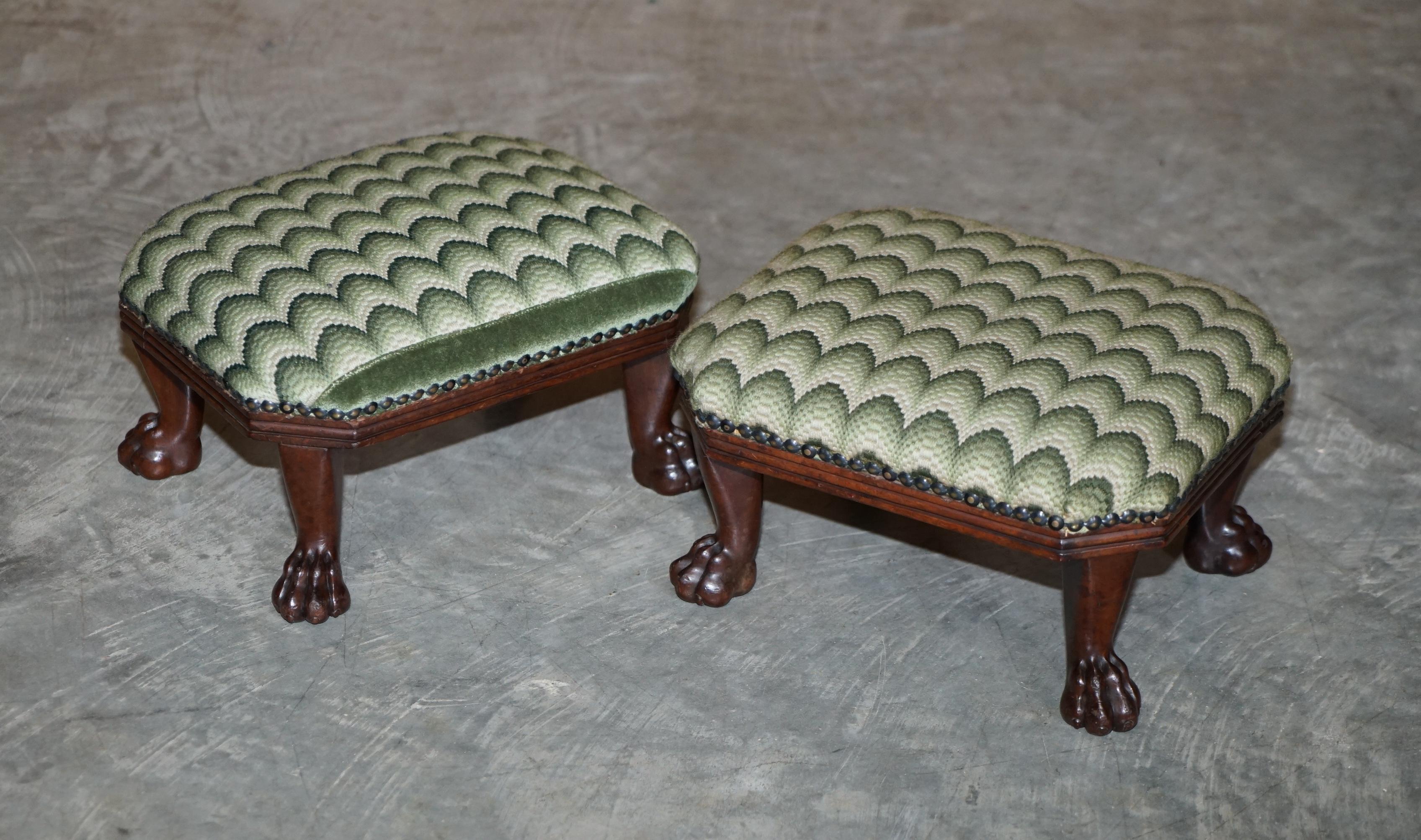 We are delighted to offer for sale this exquisite pair of Victorian mahogany small footstools with Lion’s hairy paw feet

What a find, this are stunning, they were originally designed to sit with wingback armchairs, the small size meant you could