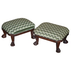 Pair of Antique Hardwood Lion Hairy Paw Feet Footstools for Wingback Armchairs