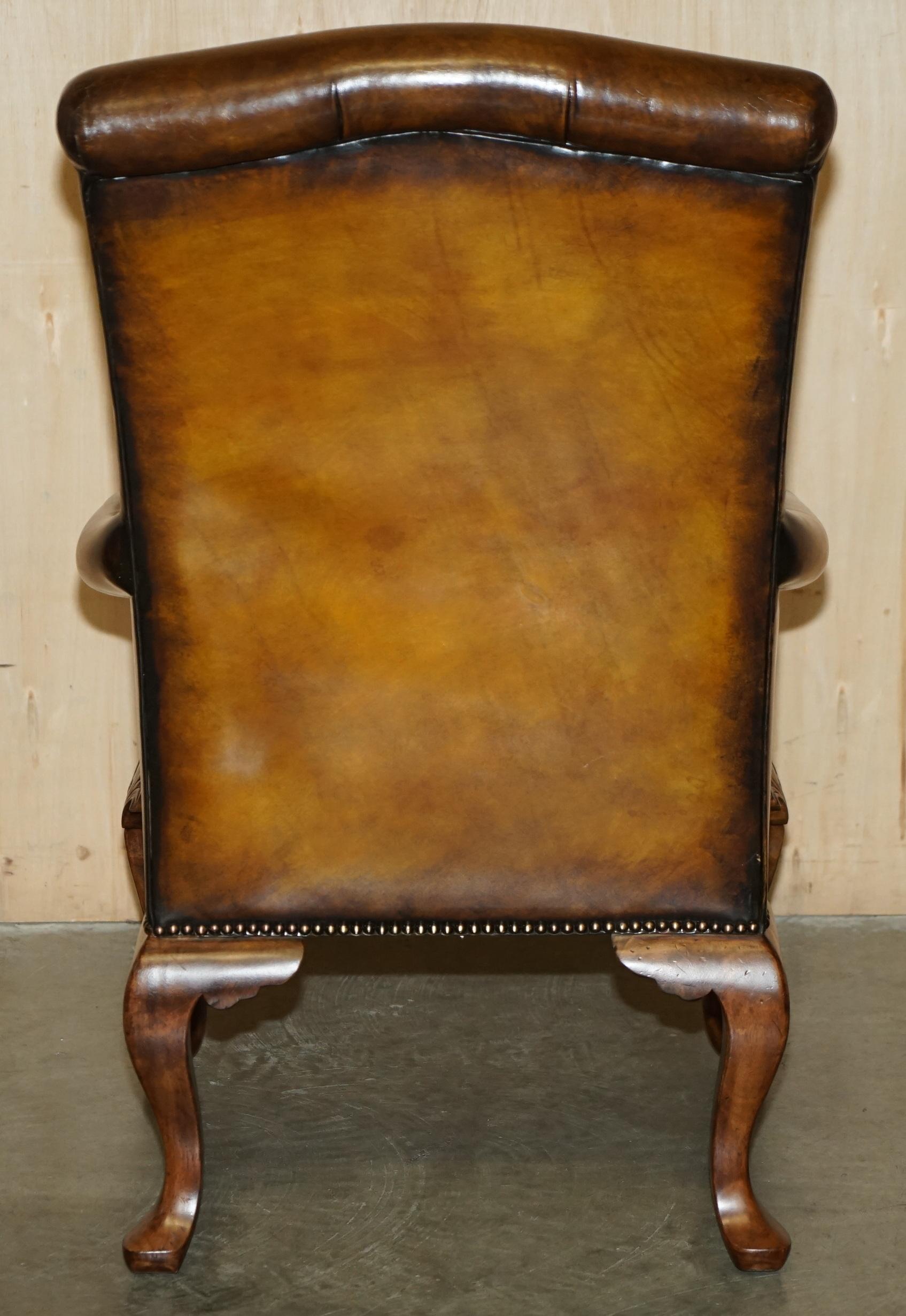 PAIR OF ANTIQUE HEAVILY CARVED HAND DYED BROWN LEATHER RESTORED THRONE ARMCHAIRs For Sale 6