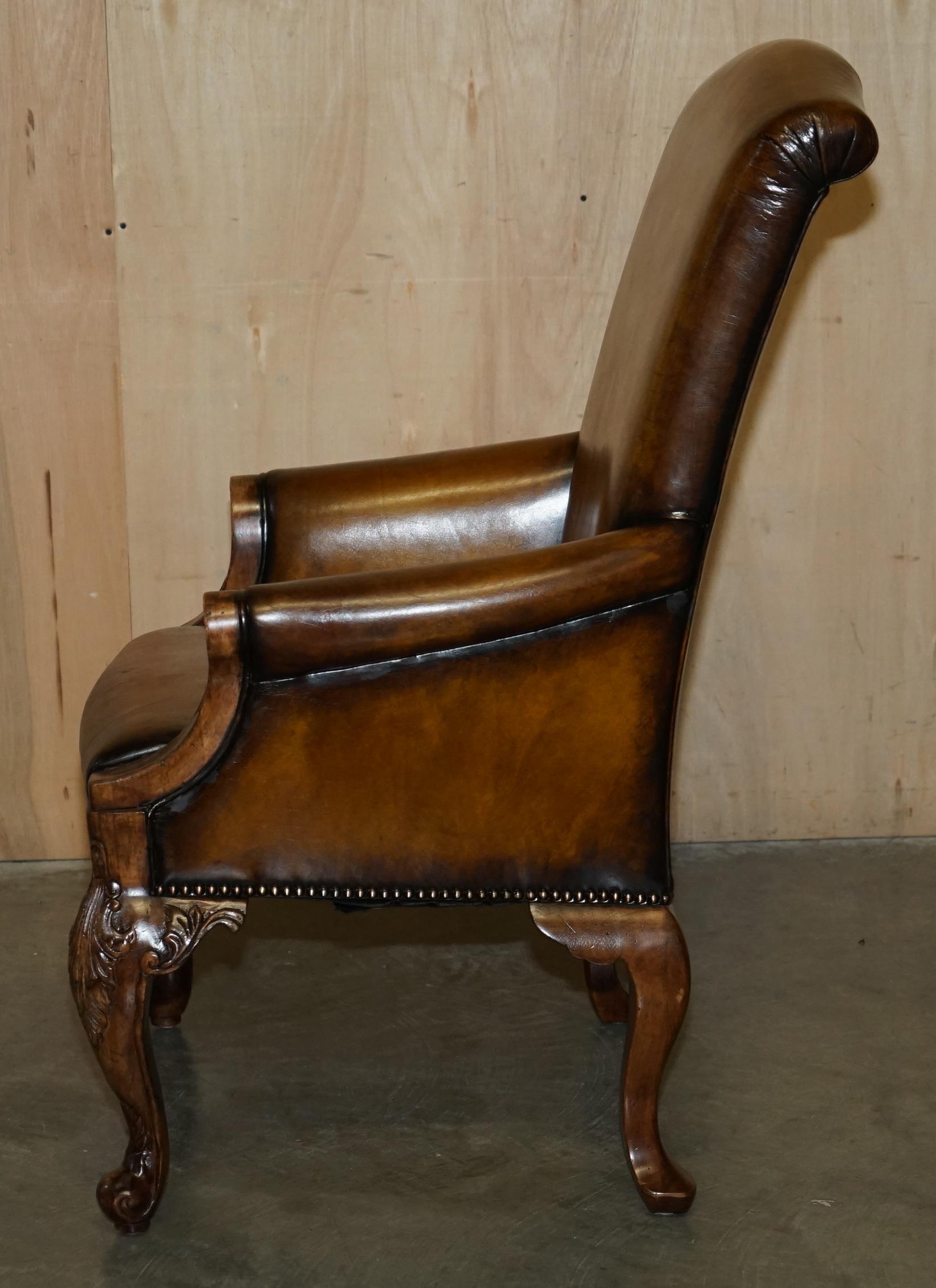 PAIR OF ANTIQUE HEAVILY CARVED HAND DYED BROWN LEATHER RESTORED THRONE ARMCHAIRs For Sale 12