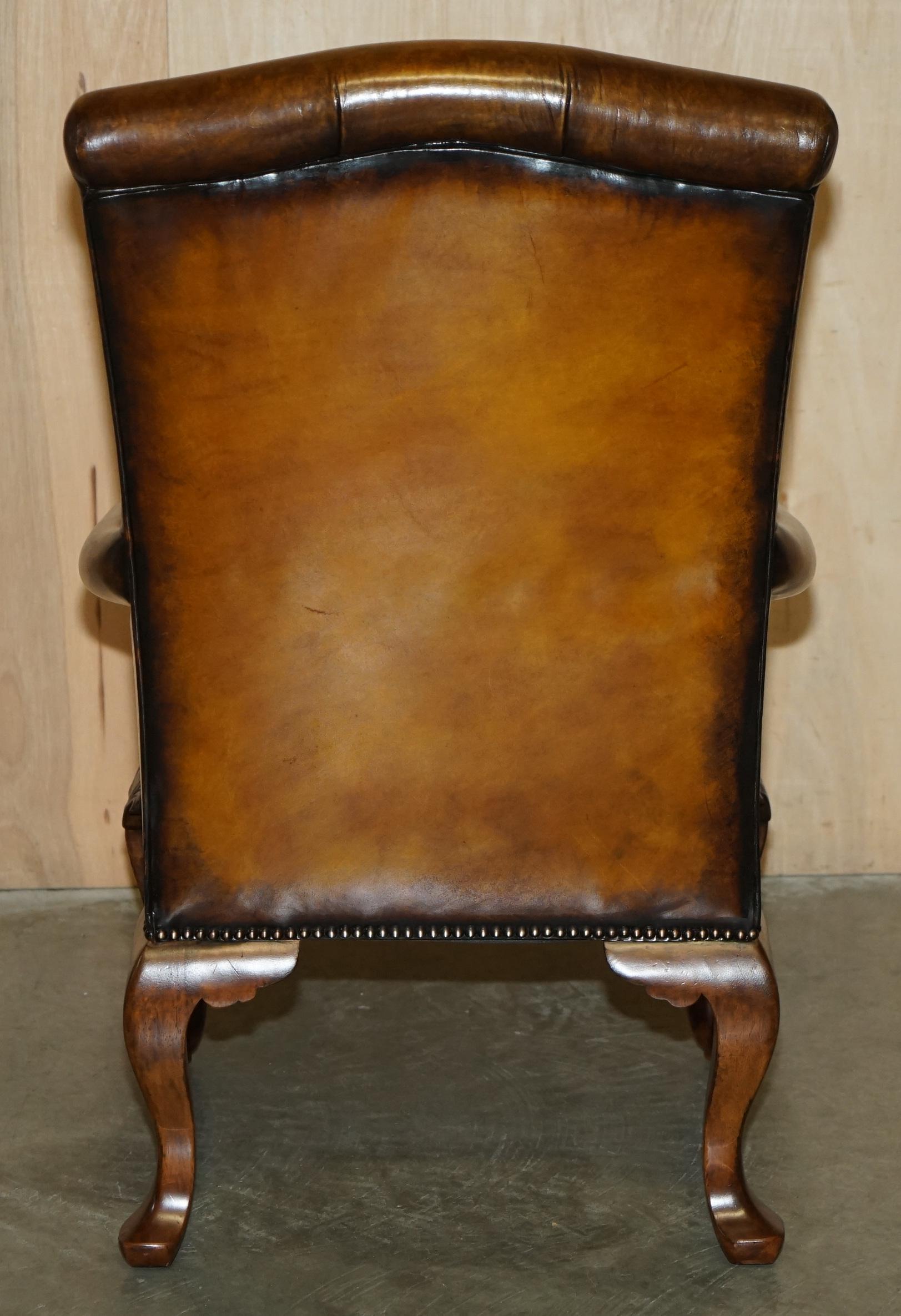 PAIR OF ANTIQUE HEAVILY CARVED HAND DYED BROWN LEATHER RESTORED THRONE ARMCHAIRs For Sale 13