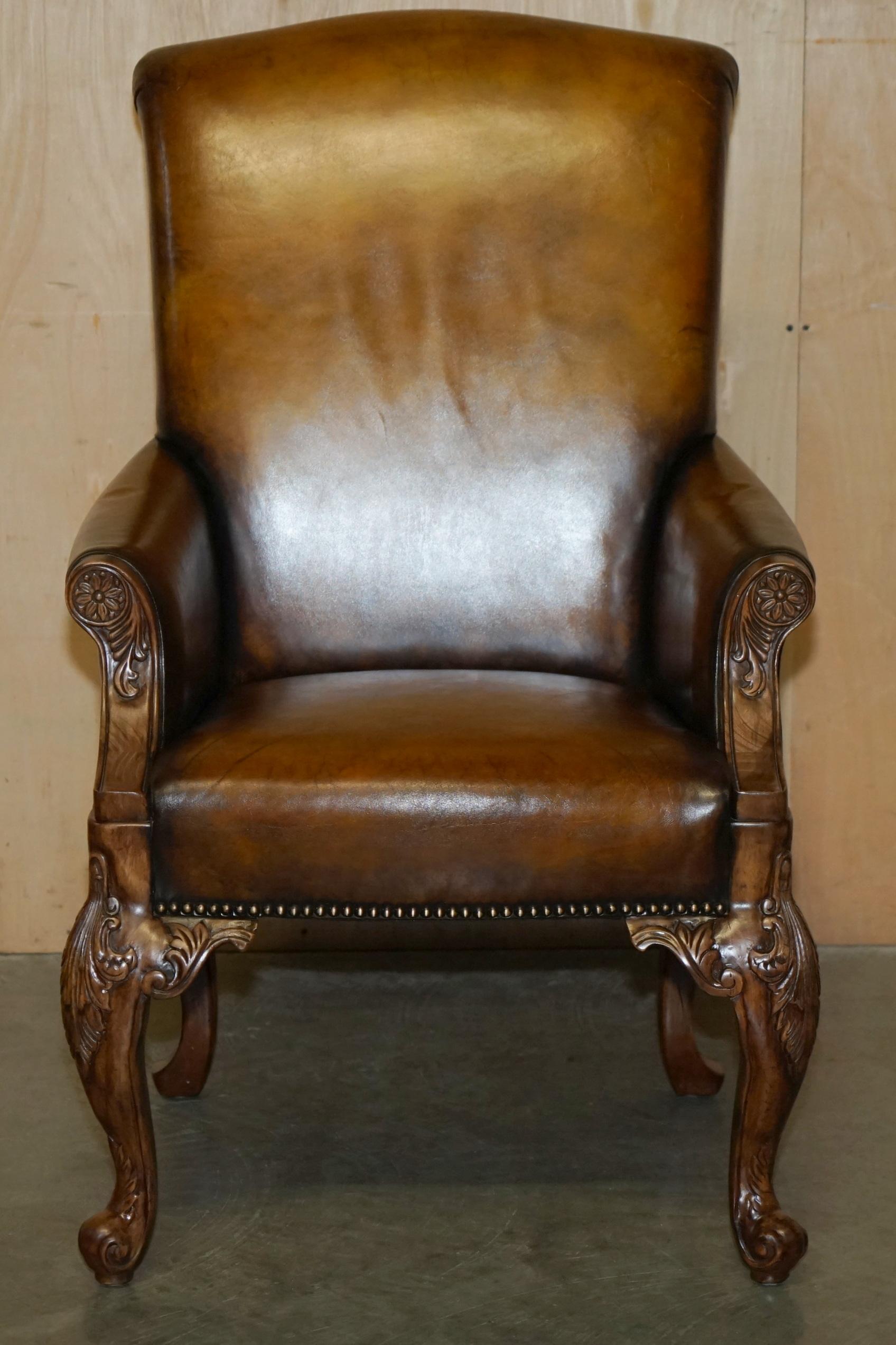 Regency PAIR OF ANTIQUE HEAVILY CARVED HAND DYED BROWN LEATHER RESTORED THRONE ARMCHAIRs For Sale