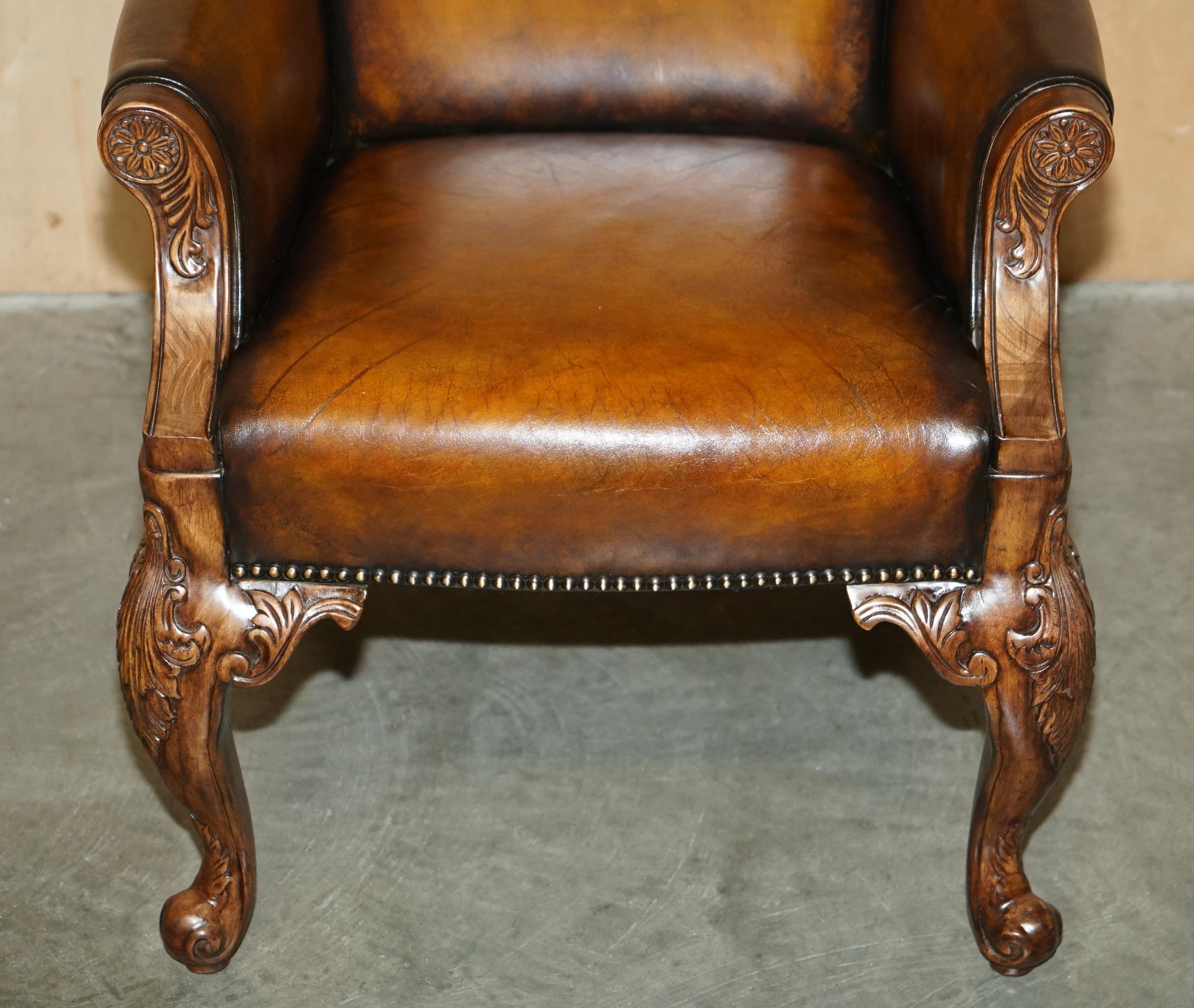20th Century PAIR OF ANTIQUE HEAVILY CARVED HAND DYED BROWN LEATHER RESTORED THRONE ARMCHAIRs For Sale