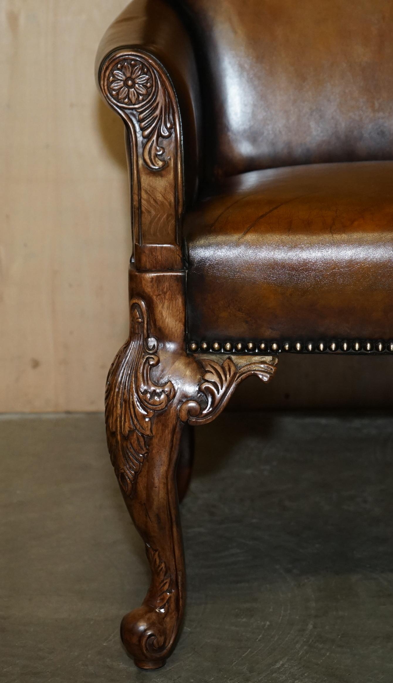 PAIR OF ANTIQUE HEAVILY CARVED HAND DYED BROWN LEATHER RESTORED THRONE ARMCHAIRs For Sale 2