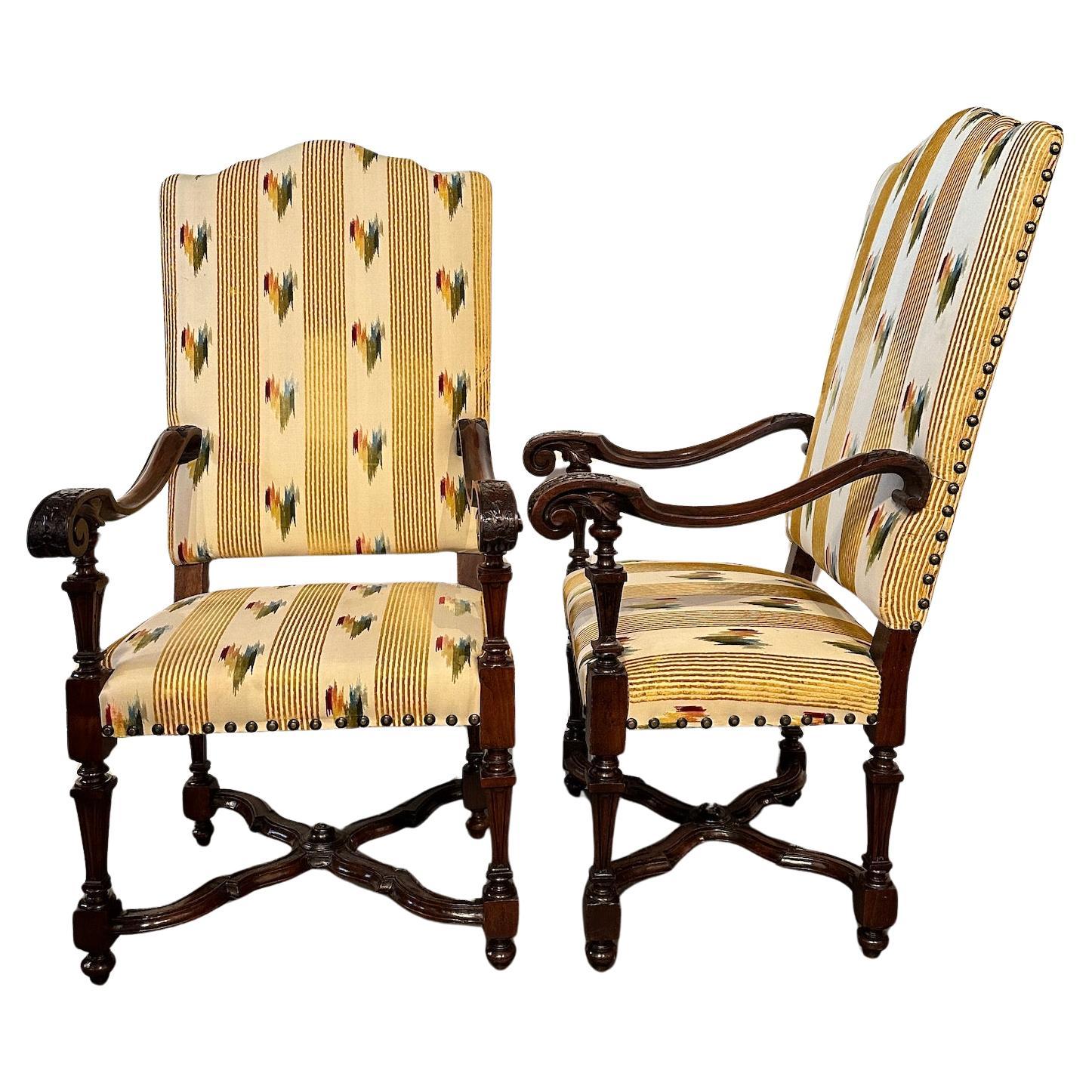 Pair of Antique, High Back, Italian Walnut Armchairs with Scalamandre Fabric