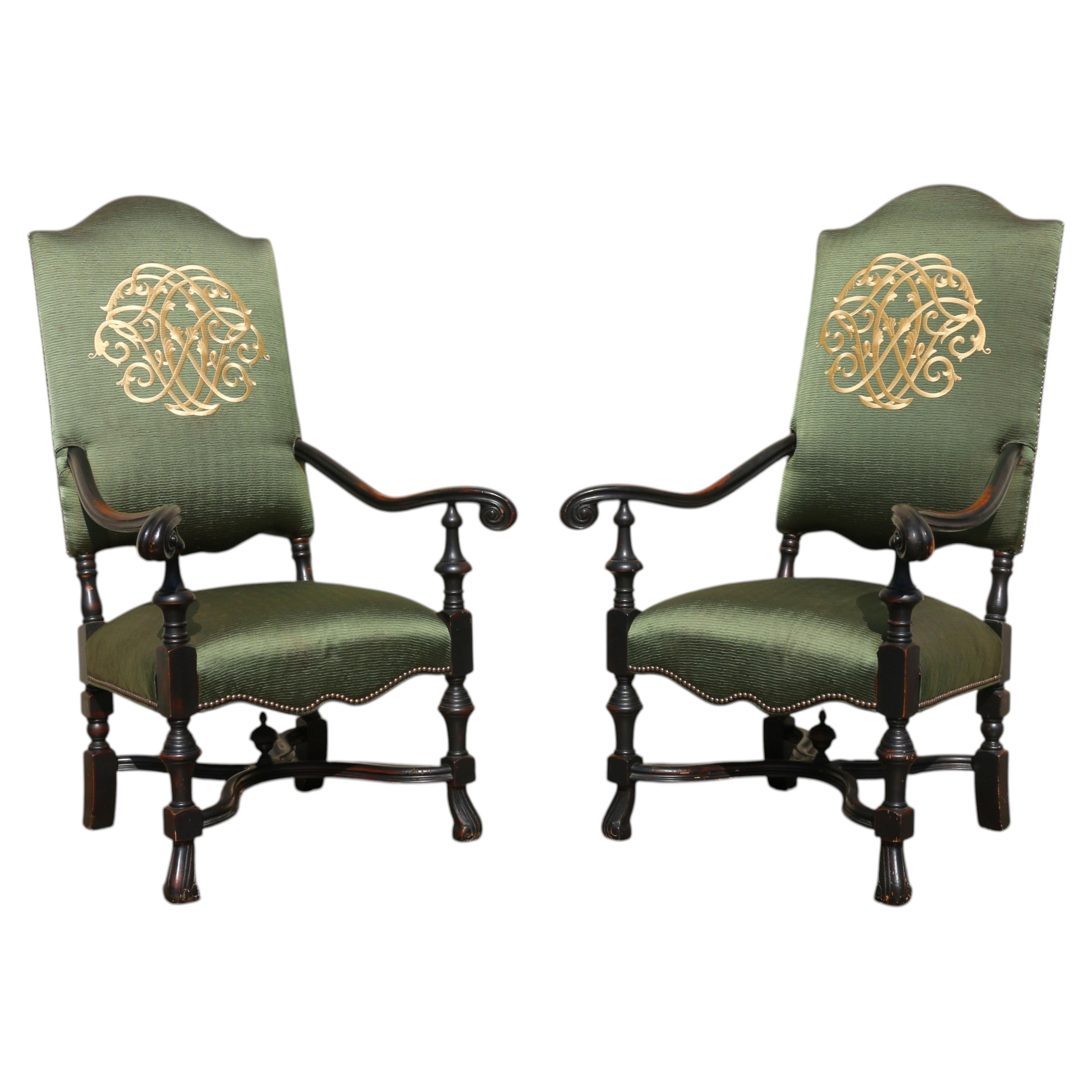 Pair of Antique High Back Throne Armchairs, Early 20th Century