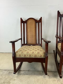 Pair of Antique His & Hers Rocking Chairs with Caned Back & Upholstered Seat