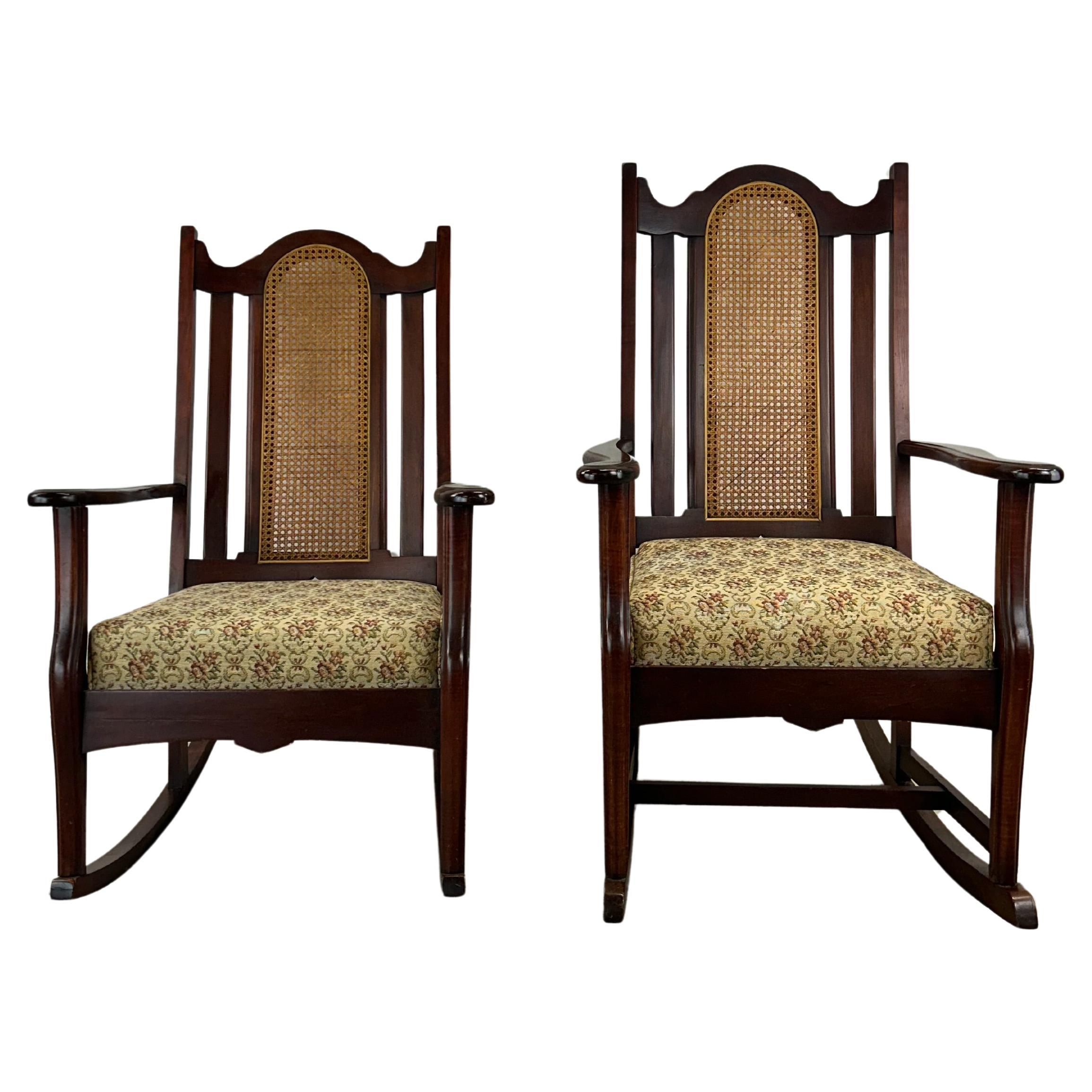 Pair of Antique His & Hers Rocking Chairs with Caned Back & Upholstered Seat