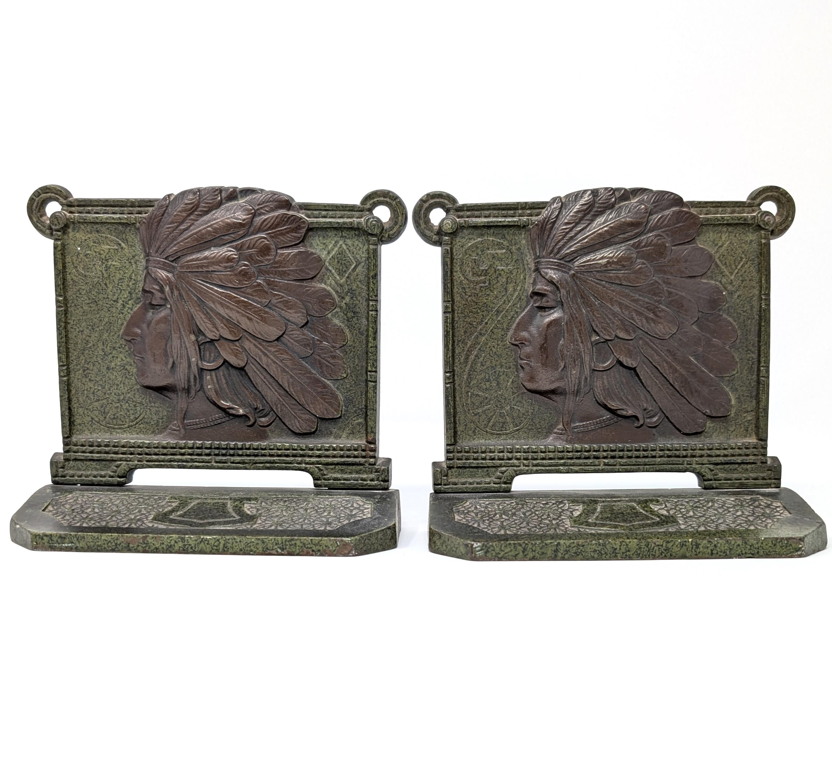 These high quality cast iron bookends were created by the H.L. Judd Company and made in the early 1900's. These heavy cast iron bookends are in wonderful condition considering their age. They each measure approximately 6.1 inches in width by 6.1