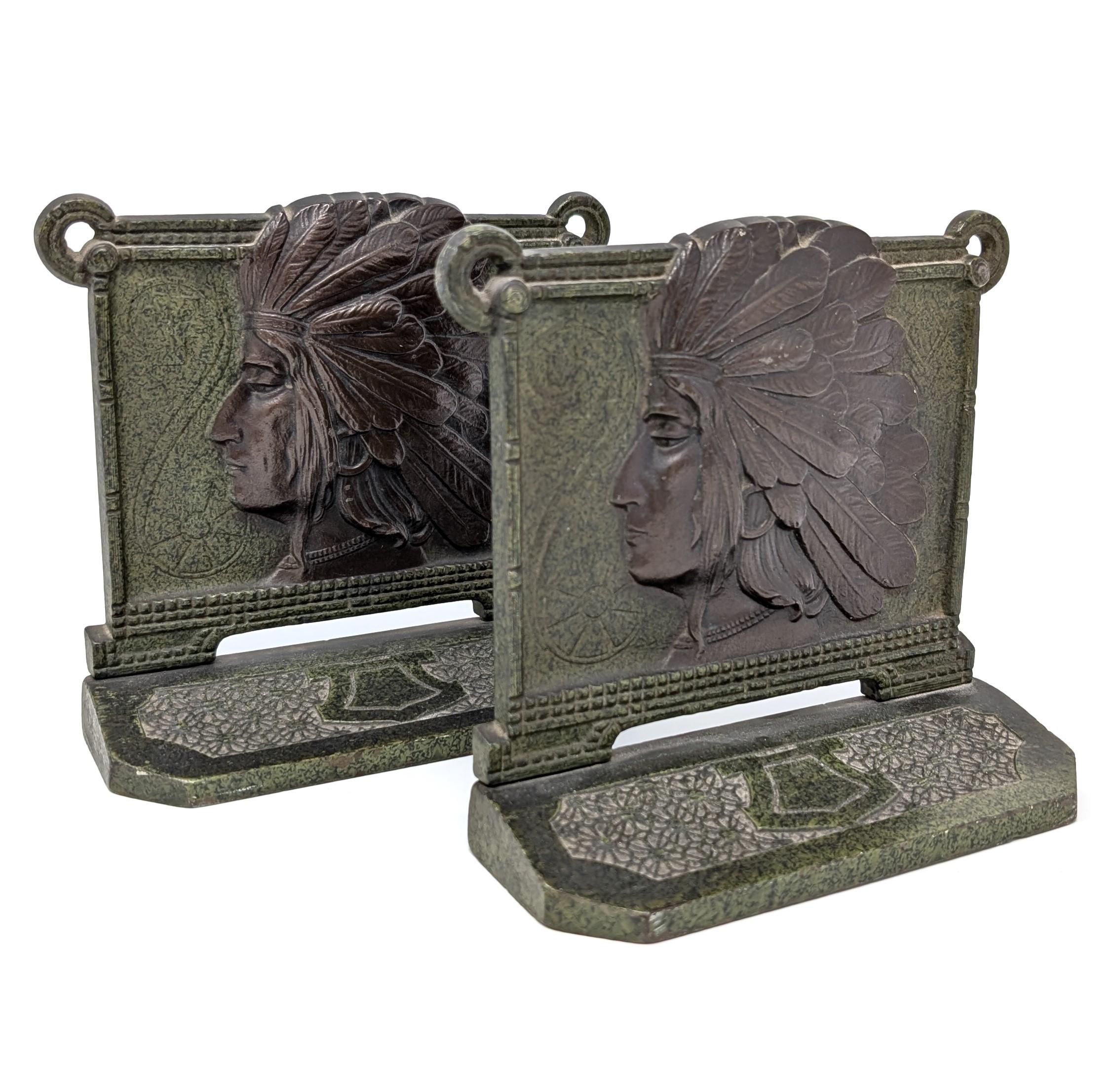 Unknown Pair of Antique H.L. Judd Co Cast Iron Bookends Native American Indian Chief For Sale