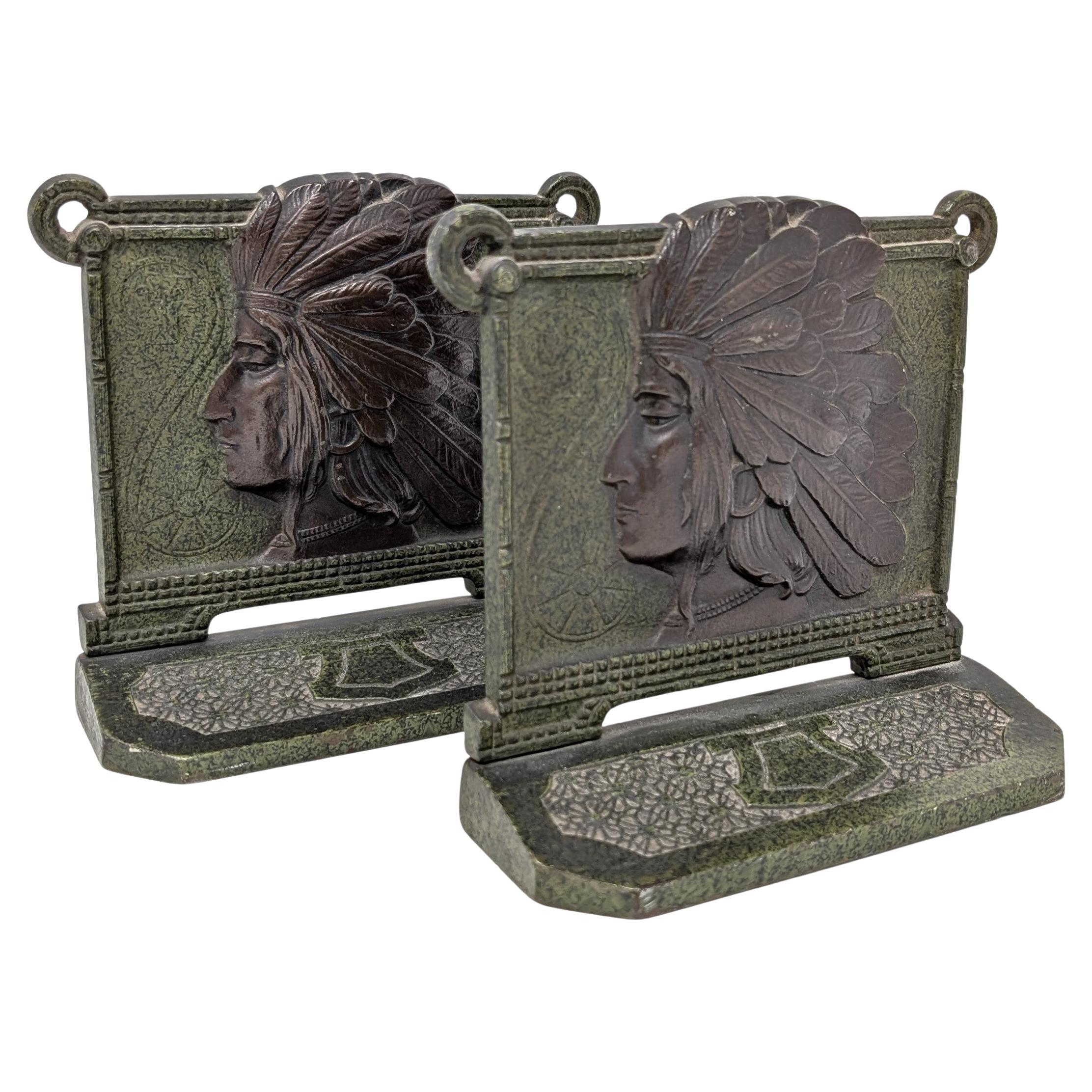 Pair of Antique H.L. Judd Co Cast Iron Bookends Native American Indian Chief