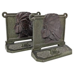 Pair of Antique H.L. Judd Co Cast Iron Bookends Native American Indian Chief