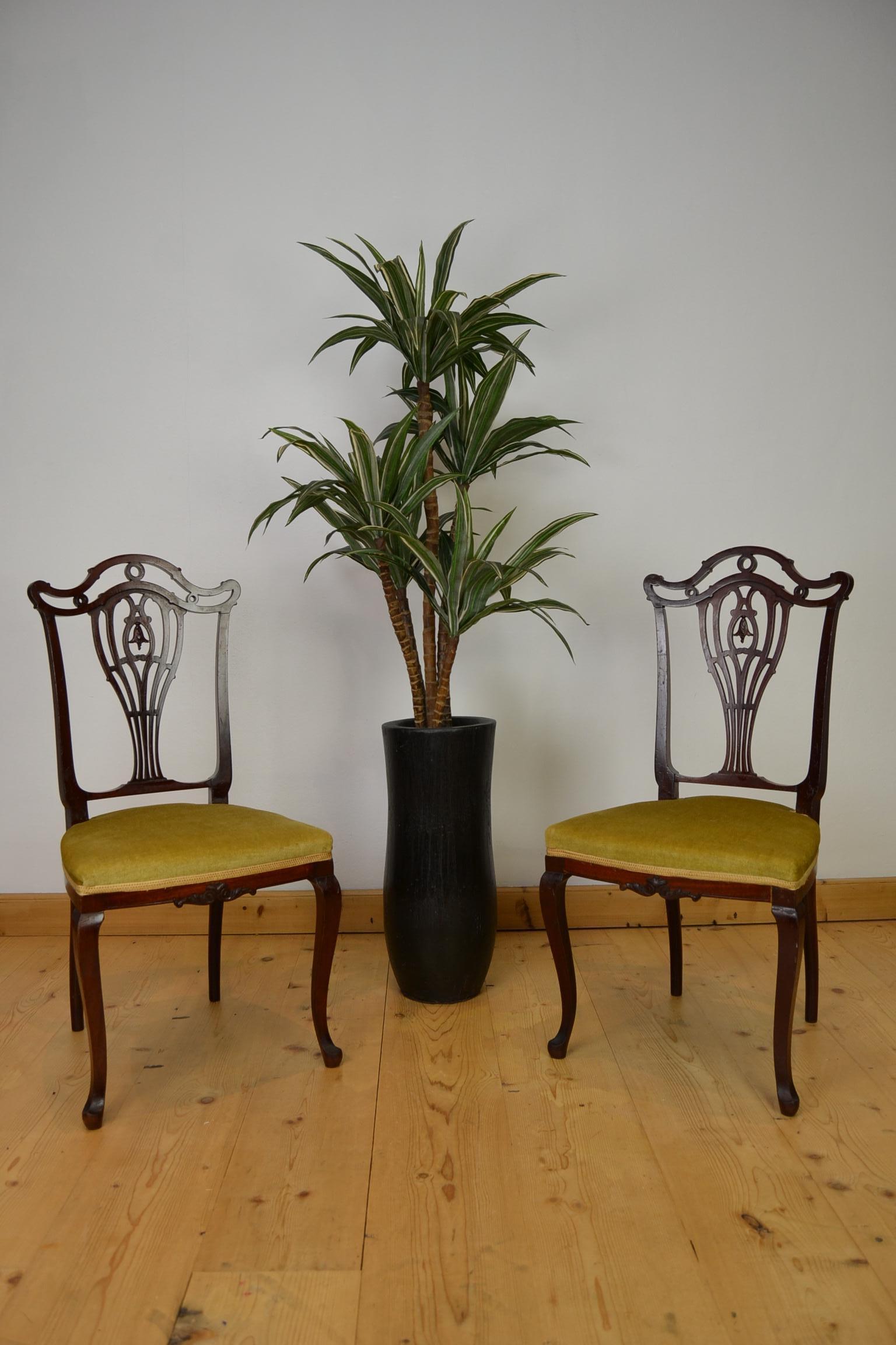 Pair of Antique Hollandia Pander & Zn Mahogany Side Chairs of the Late 19th Century. It's an elegant pair of antique side chairs. 
By Hollandia Pander and sons - marked under.
These chairs from the Netherlands are in the style of Hepplewhite,