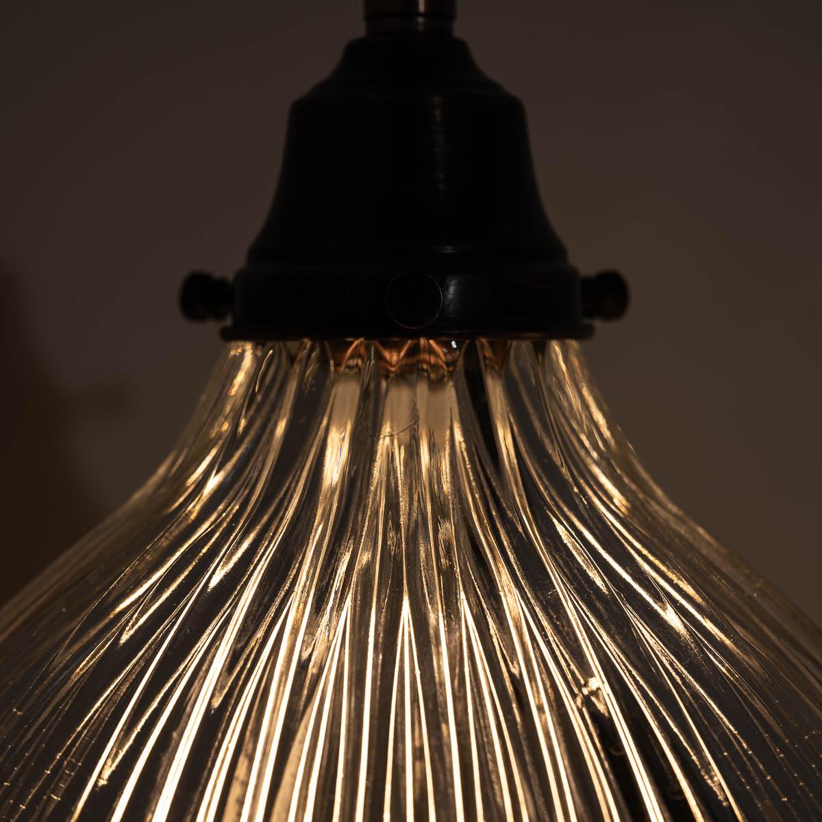 Pair of Antique Holophane Pendant Lights with Aged Copper Fittings 4