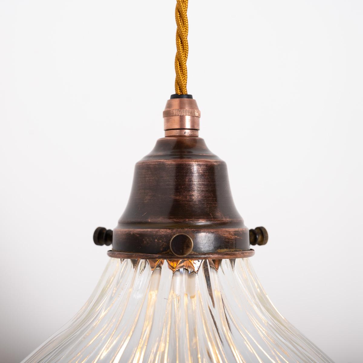 Pair of Antique Holophane Pendant Lights with Aged Copper Fittings 5
