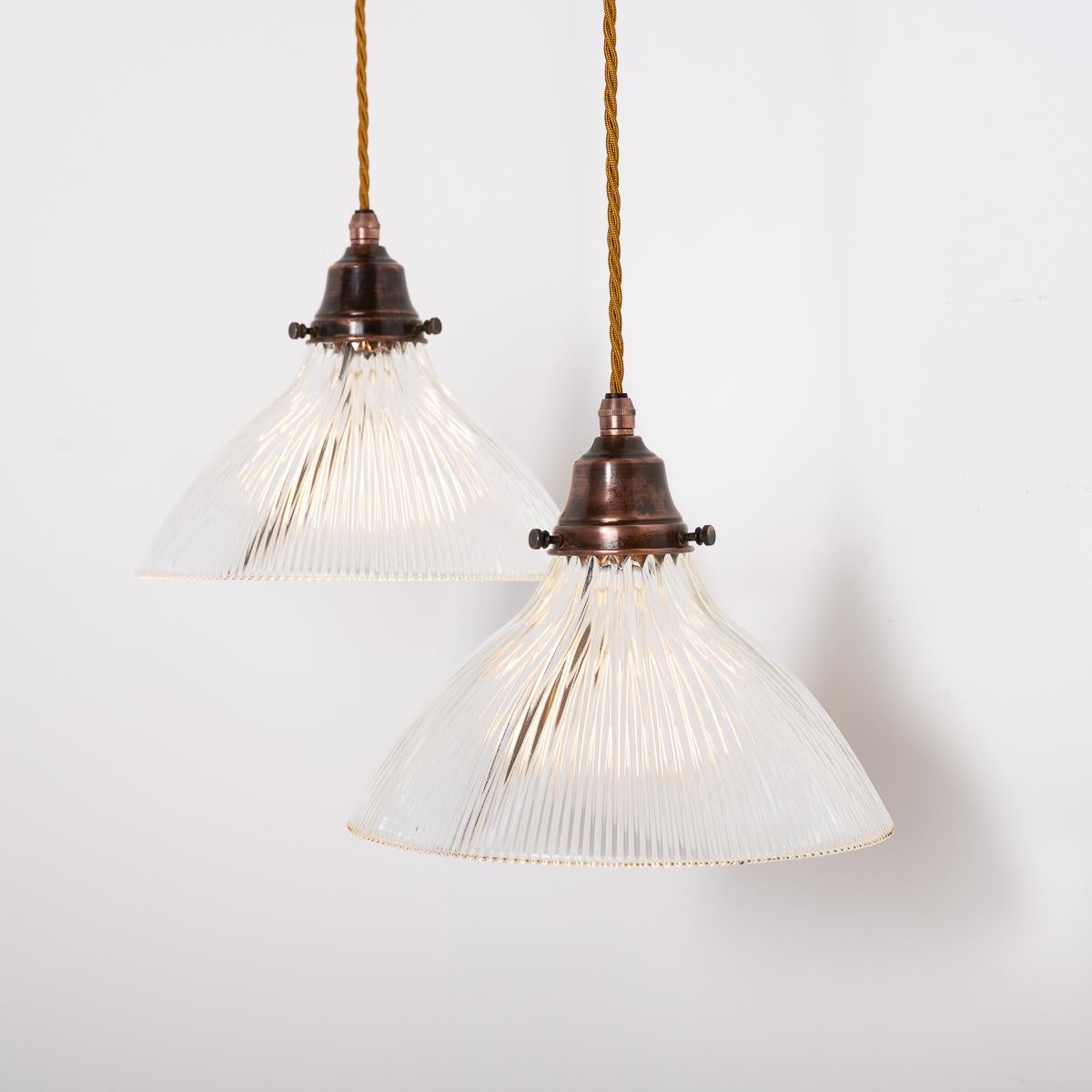 Pair of Antique Holophane Pendant Lights with Aged Copper Fittings 6