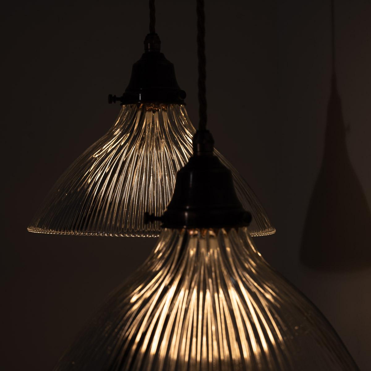 Pair of Antique Holophane Pendant Lights with Aged Copper Fittings 7
