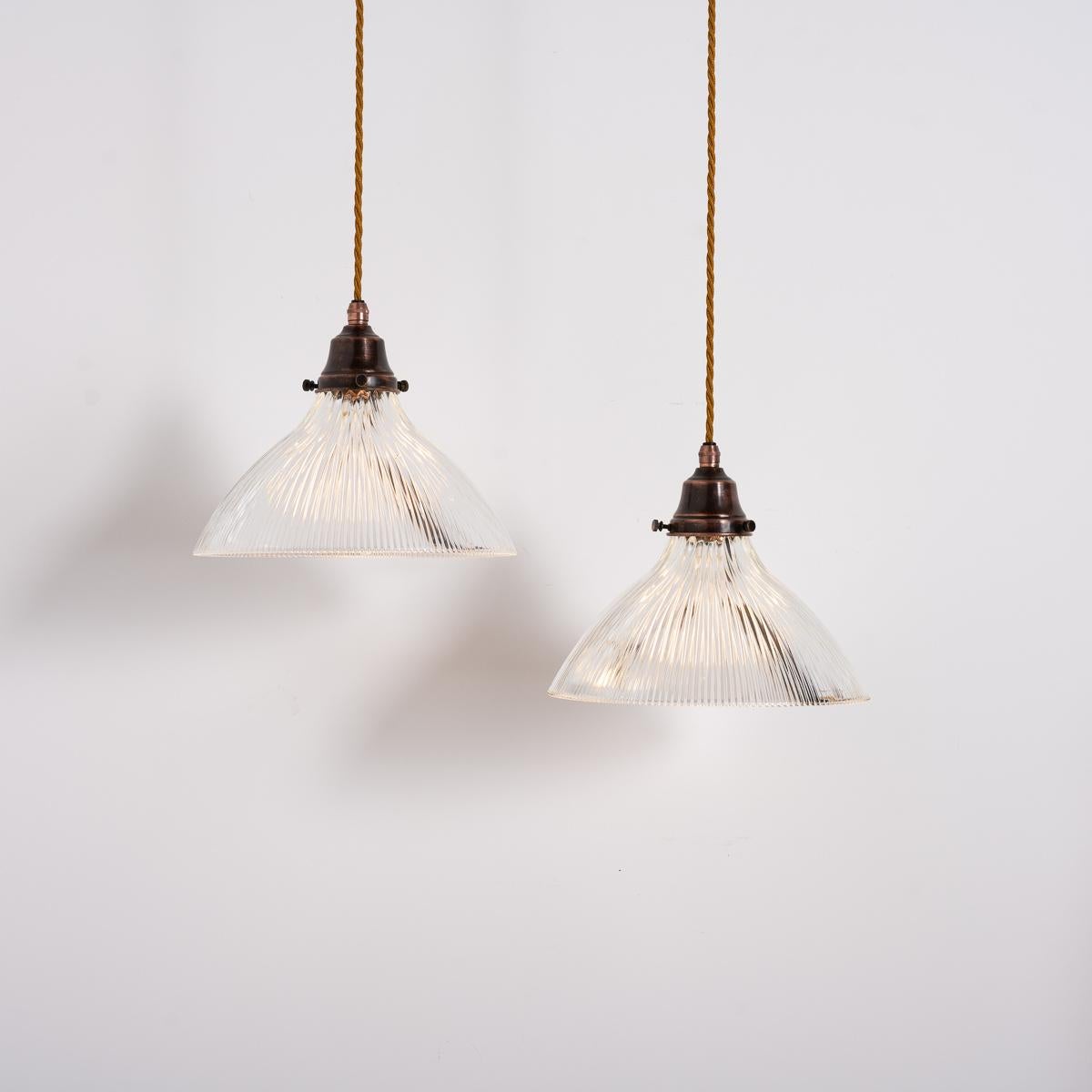 Pair of Antique Holophane Pendant Lights with Aged Copper Fittings In Good Condition In Nottingham, GB