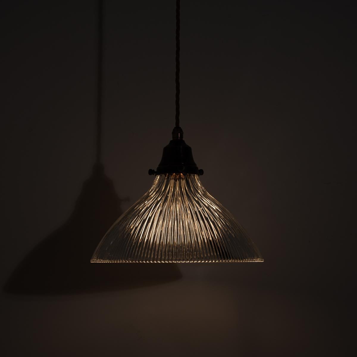 Early 20th Century Pair of Antique Holophane Pendant Lights with Aged Copper Fittings
