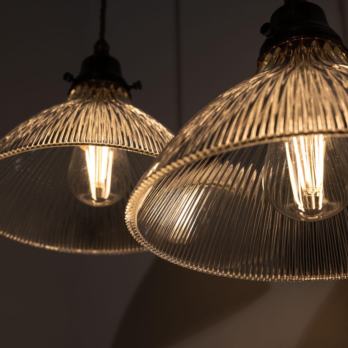 Pair of Antique Holophane Pendant Lights with Aged Copper Fittings 2