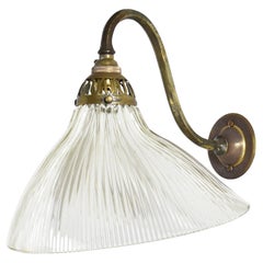 Pair of Antique Holophane Prismatic Glass Brass Church Kitchen Wall Lights