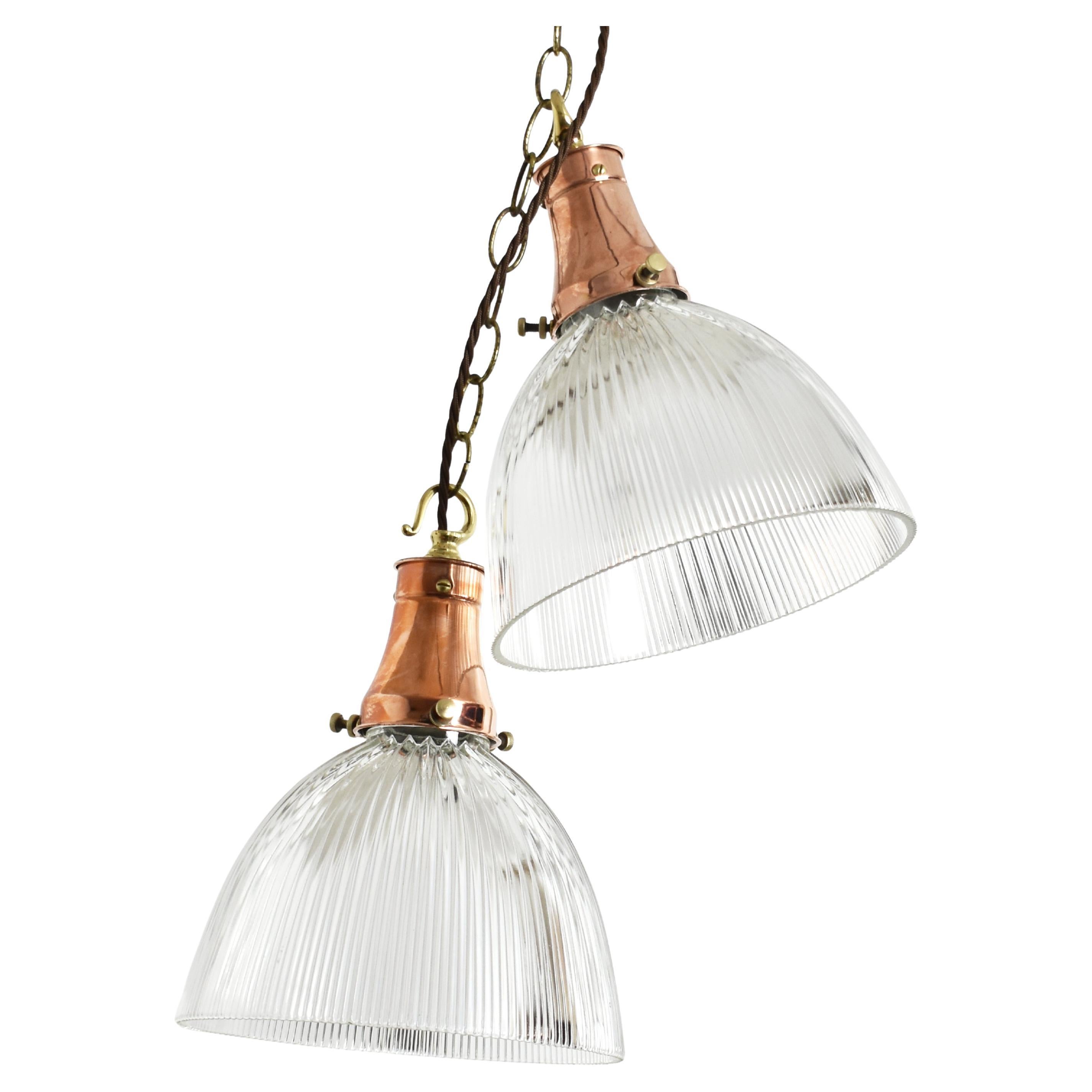 Pair of Antique Holophane Prismatic Glass Copper Church Kitchen Pendant Lights