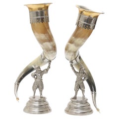 Pair of Antique Horn Drinking Vessels with Silvered Figural State Drinking Glass