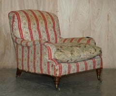 PAIR OF ANTIQUE HOWARD & SON'S GRAFTON ARMCHAIRS ORIGINAL TICKING FABRiC