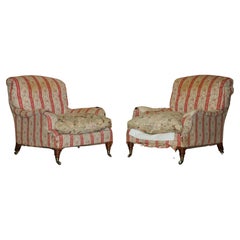 PAIR OF ANTIQUE HOWARD & SON'S GRAFTON ARMCHAIRS ORIGINAL TICKING FABRiC