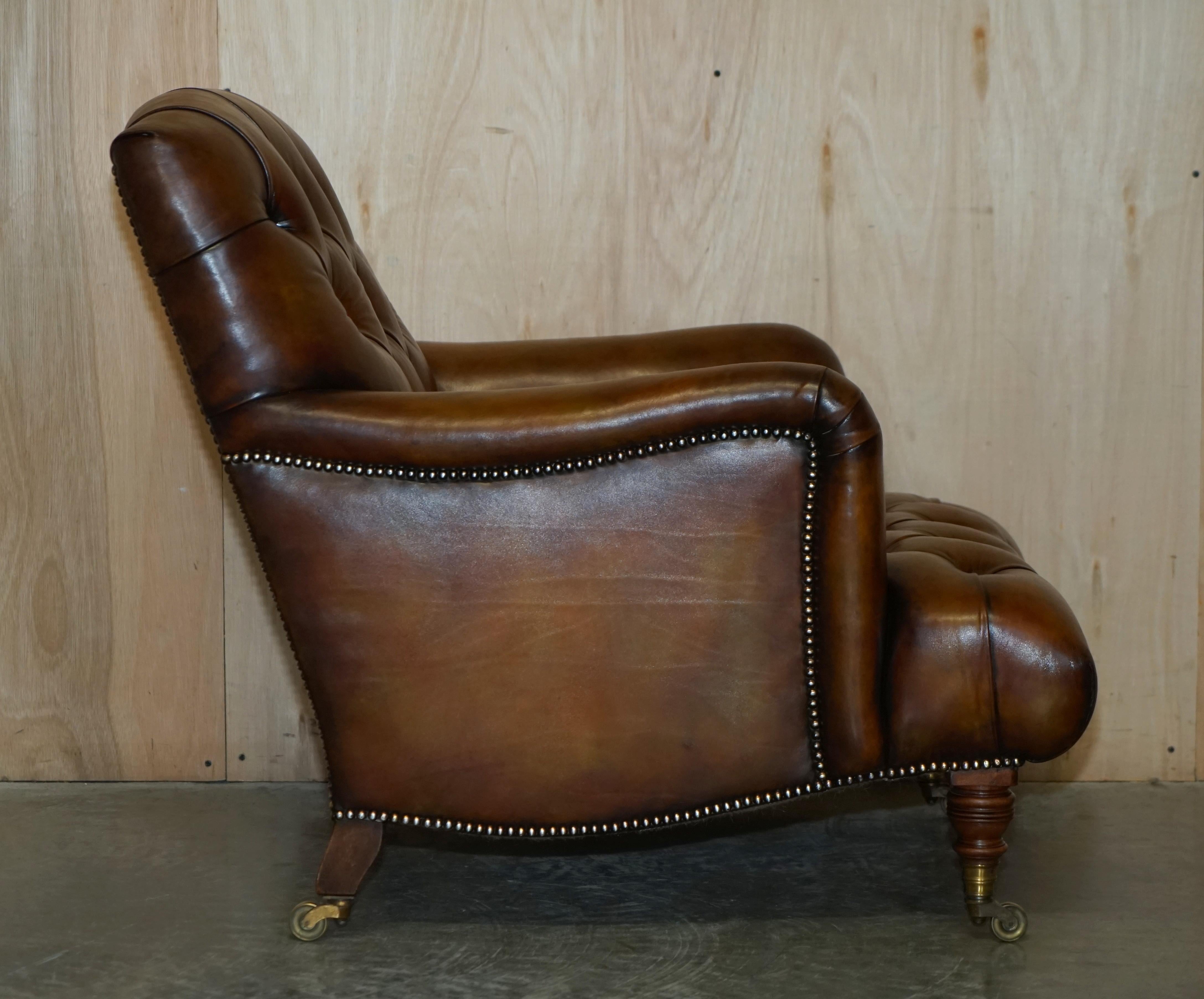 Pair of Antique Howard & Son's Bridgewater Brown Leather Chesterfield Armchairs For Sale 8