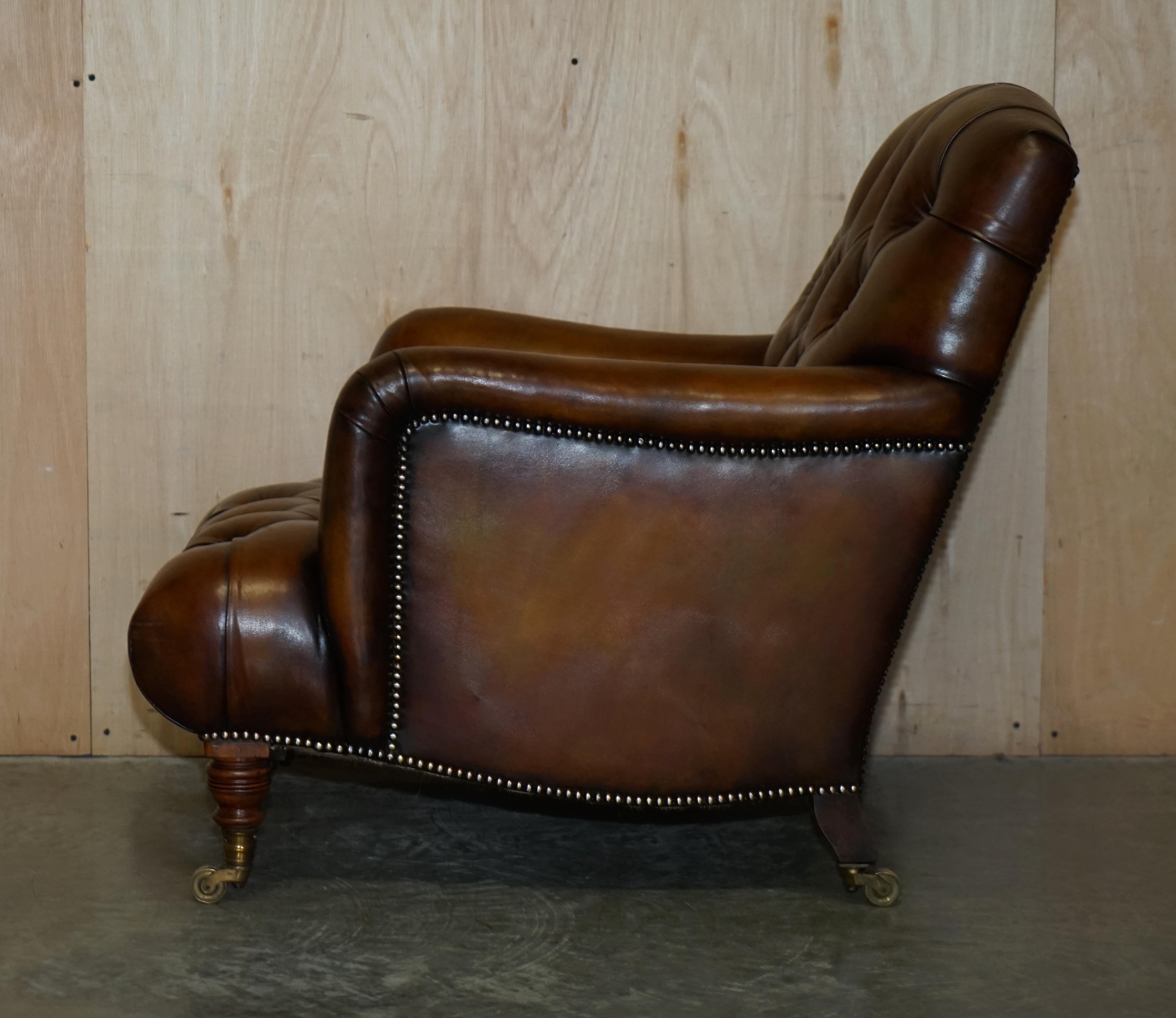 Pair of Antique Howard & Son's Bridgewater Brown Leather Chesterfield Armchairs For Sale 11