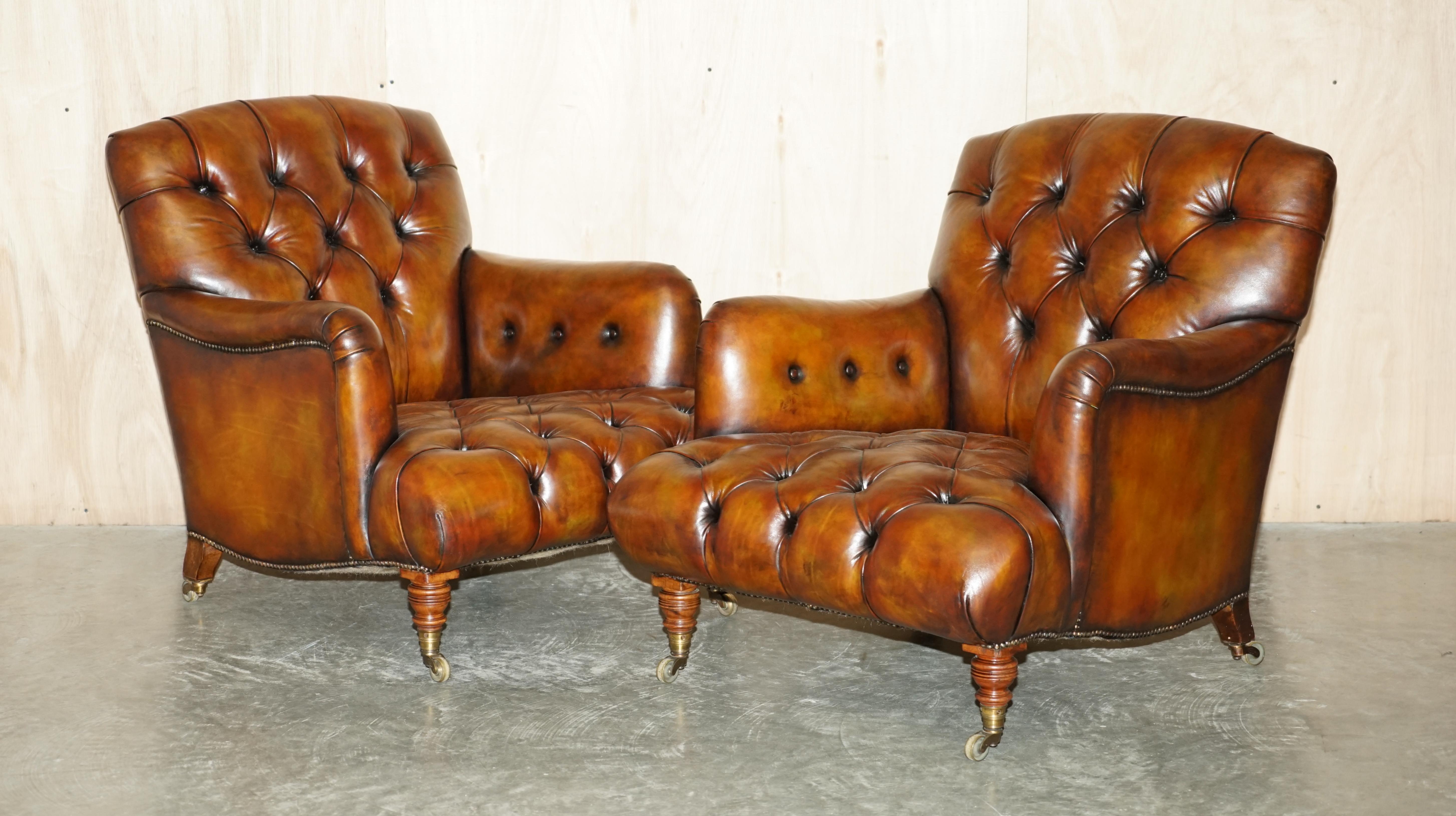 Victorian Pair of Antique Howard & Son's Bridgewater Brown Leather Chesterfield Armchairs For Sale