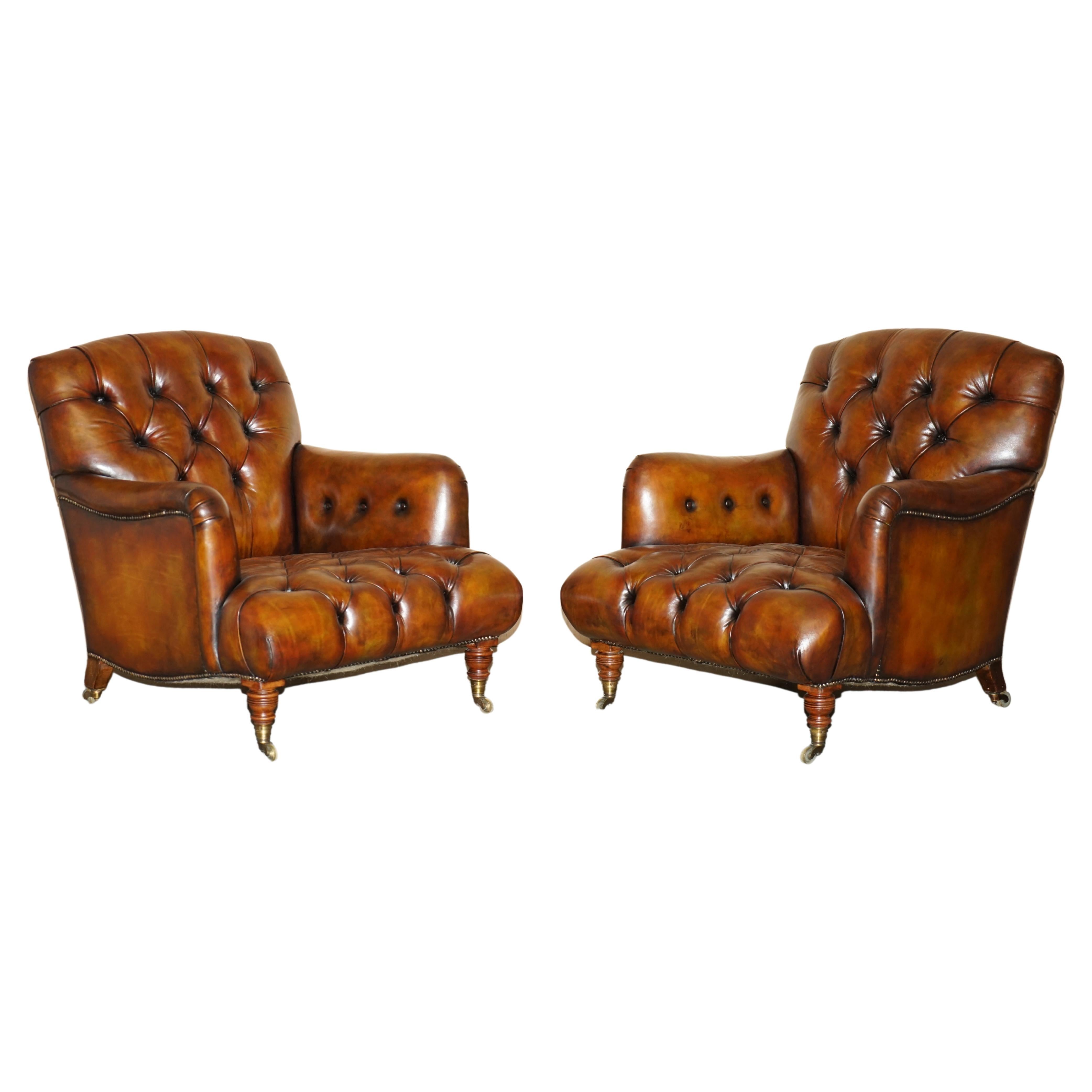 Pair of Antique Howard & Son's Bridgewater Brown Leather Chesterfield Armchairs