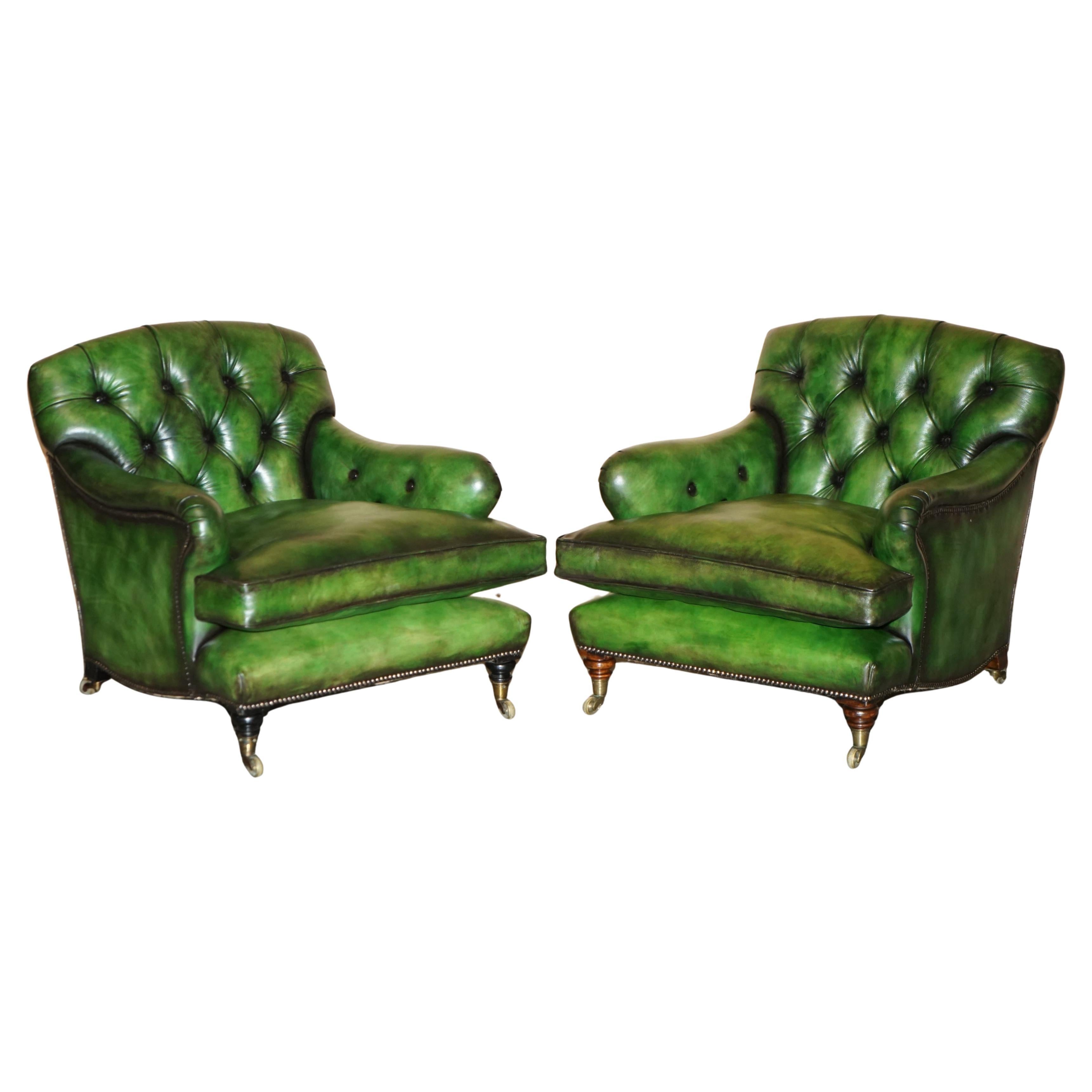 PAiR OF ANTIQUE HOWARD & SON'S BRIDGEWATER CHESTERFIELD GREEN LEATHER ARMCHAIRS