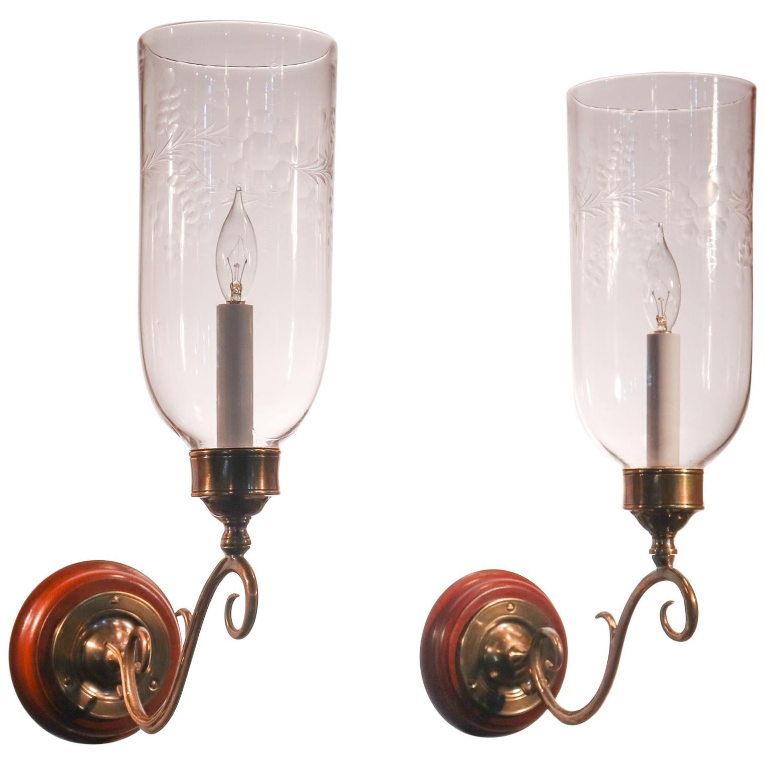 Pair of Antique Hurricane Shade Wall Sconces with Floral Etching