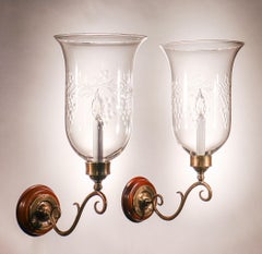 Pair of Antique Hurricane Shade Wall Sconces with Grape Etching