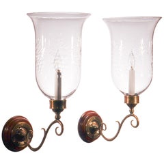 Pair of Antique Hurricane Shade Wall Sconces with Grape Etching