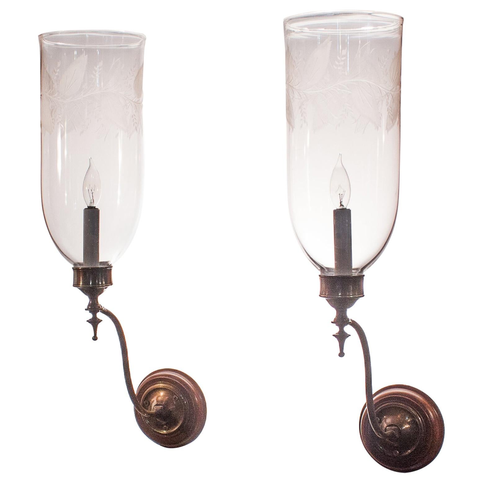 Pair of Antique Hurricane Shade Wall Sconces with Leaf Etching