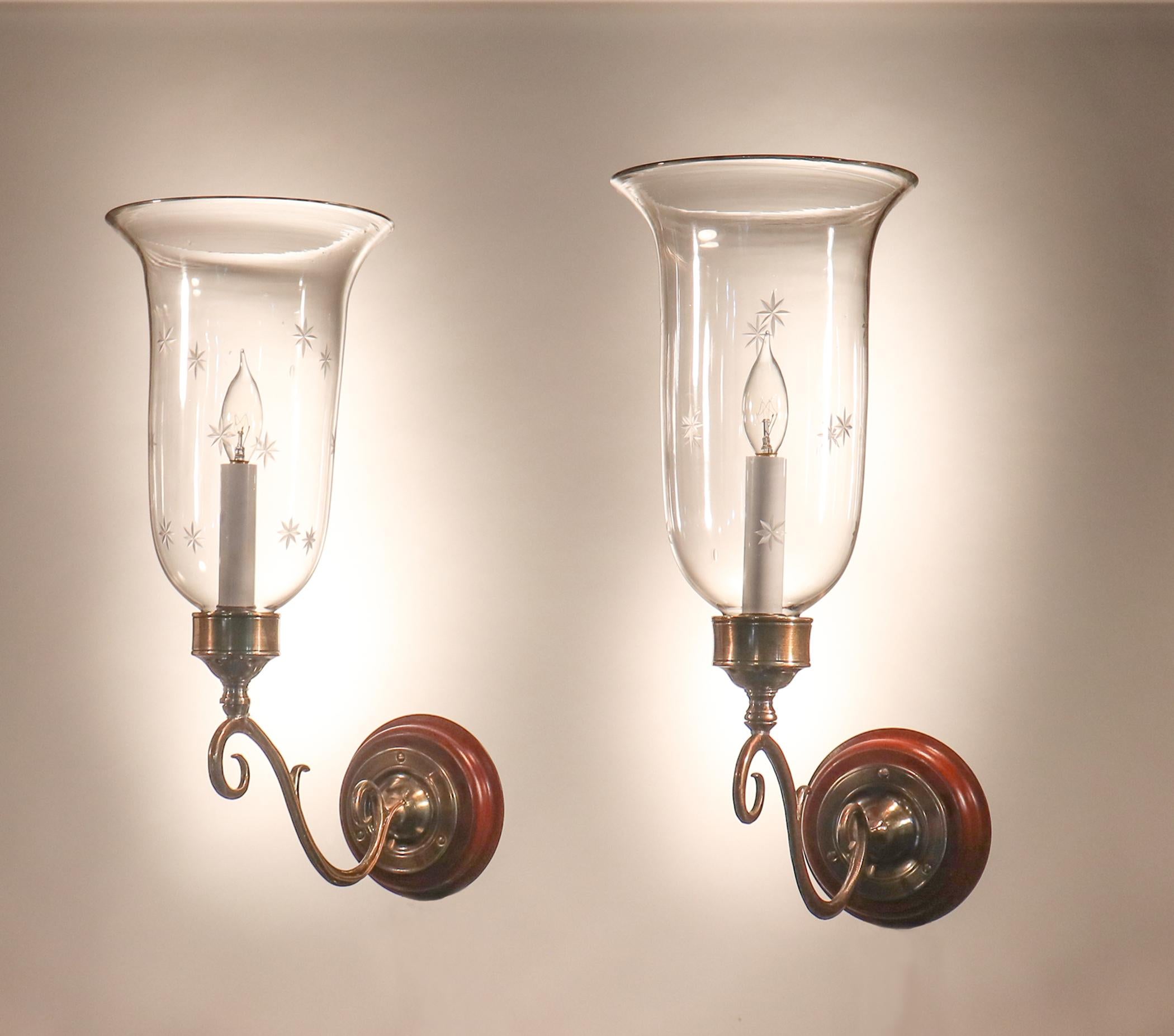 Victorian Pair of Antique Hurricane Shade Wall Sconces with Star Etching