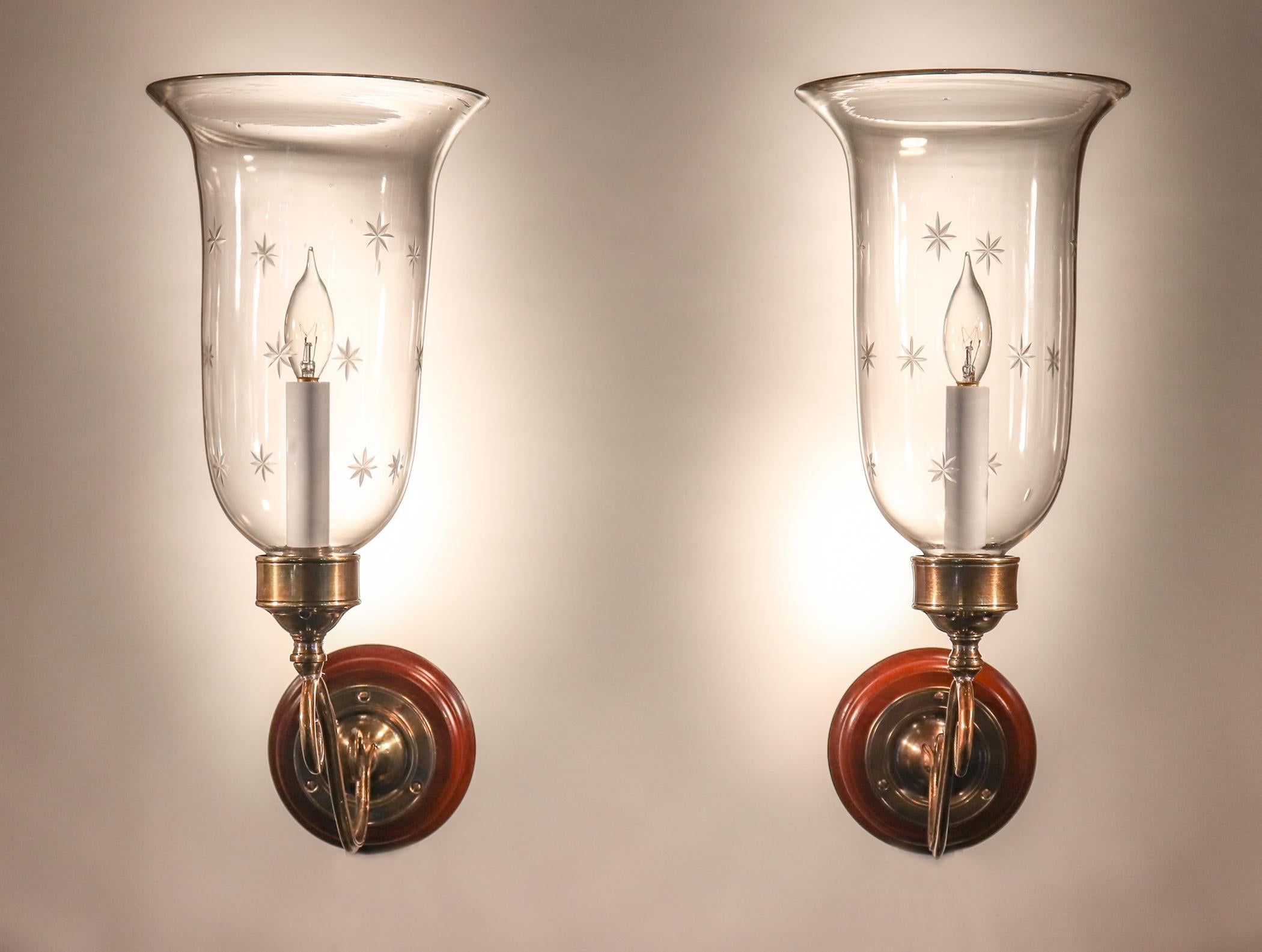 English Pair of Antique Hurricane Shade Wall Sconces with Star Etching