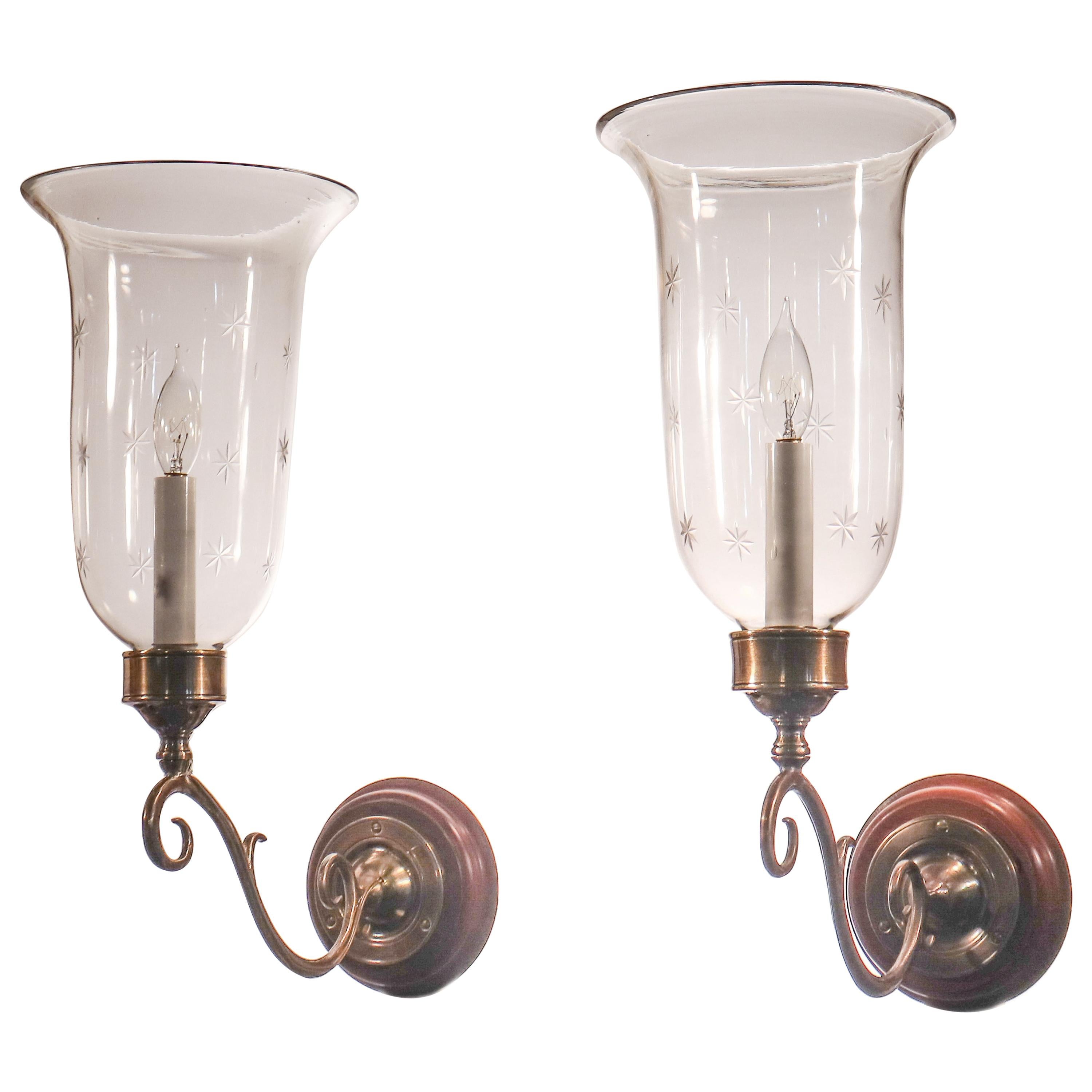 Pair of Antique Hurricane Shade Wall Sconces with Star Etching