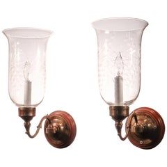 Pair of Antique Hurricane Shade Wall Sconces with Vine and Berry Etching