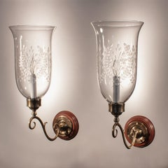 Pair of Antique Hurricane Shade Wall Sconces with Wheat Etching
