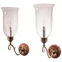 Pair of Antique Hurricane Shade Wall Sconces with Wheat Etching