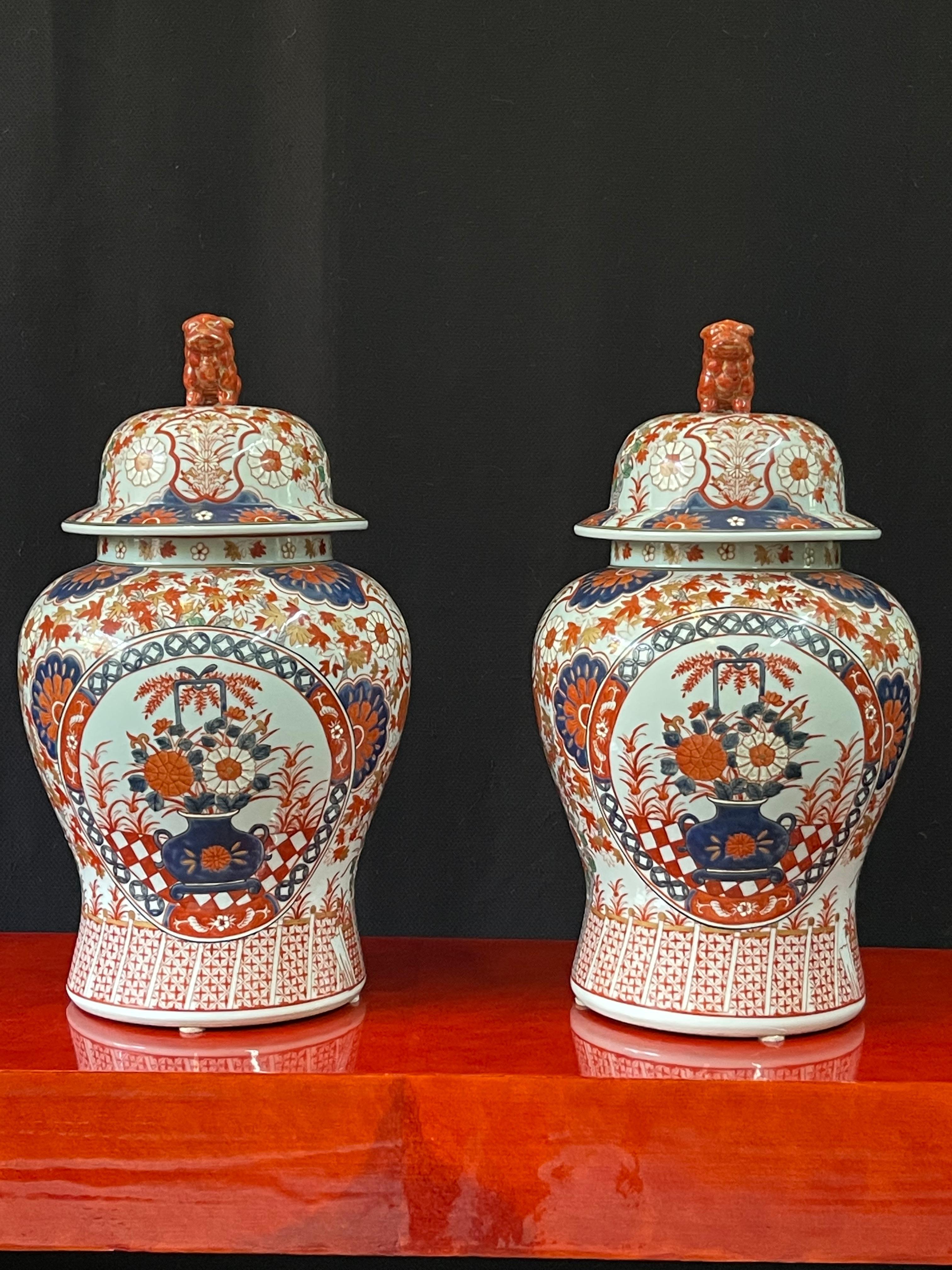 Pair of Antique Imari Ginger Jars W Foo Dog Lids              2