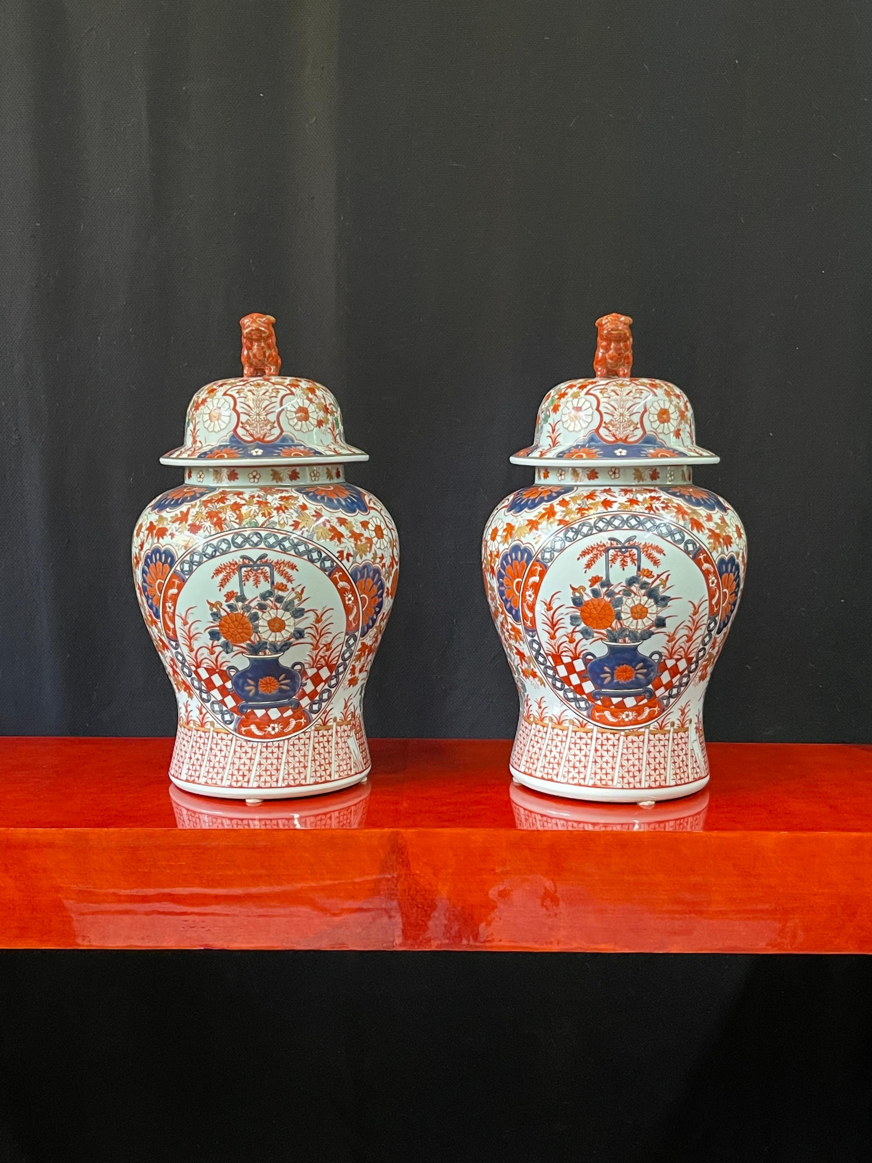 Pair of Antique Imari Ginger Jars W Foo Dog Lids              3