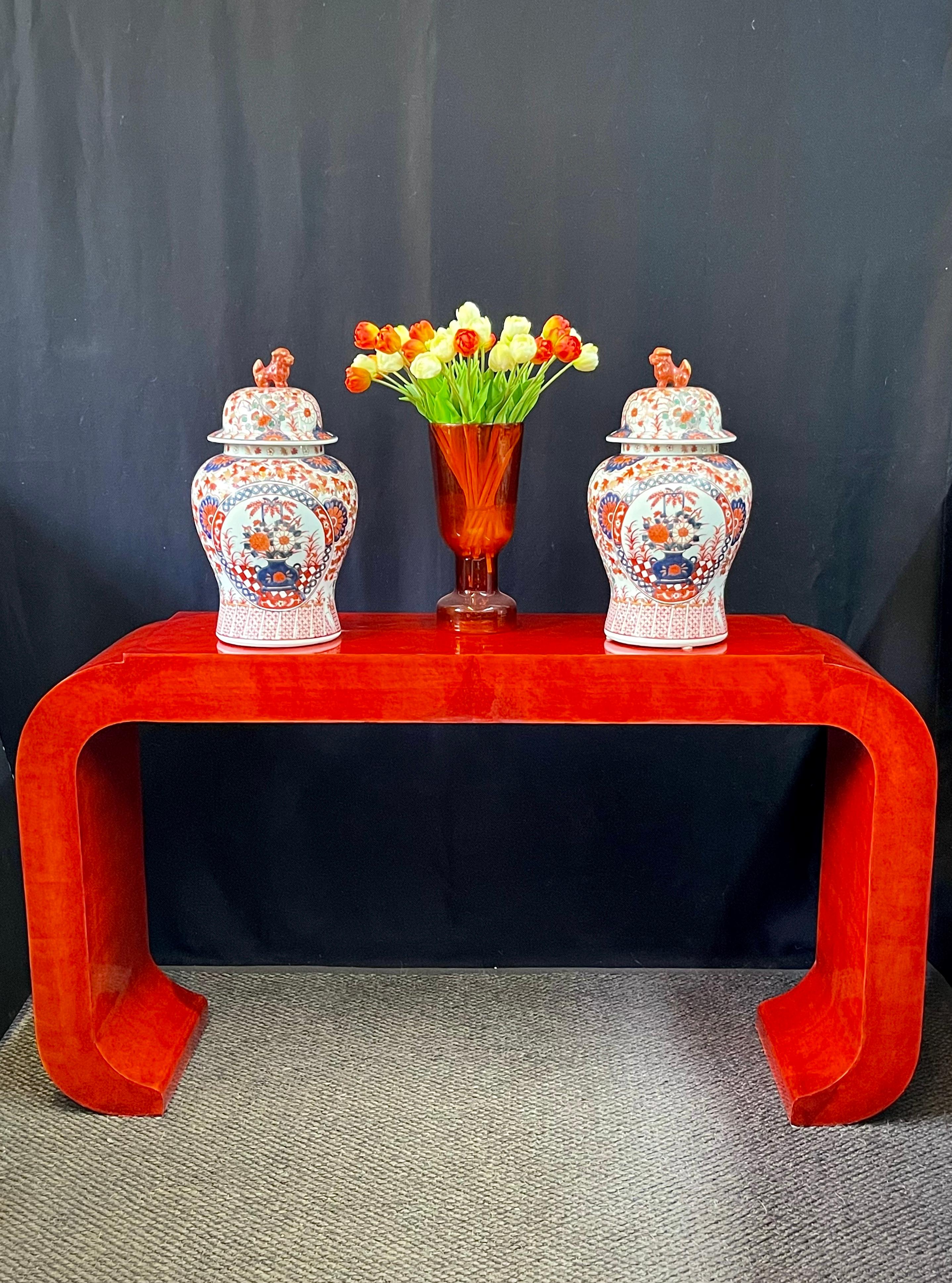 Pair of Antique Imari Ginger Jars W Foo Dog Lids              1